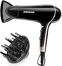 Aigostar Professional Hair Dryer Ion 2400 W Hair Dryer with Diffuser for Curls, Quick Drying Hair Dryer, 3 Heating, 2 Speed Levels, Hair Dryer for Hair Salon Home and Travel, Black