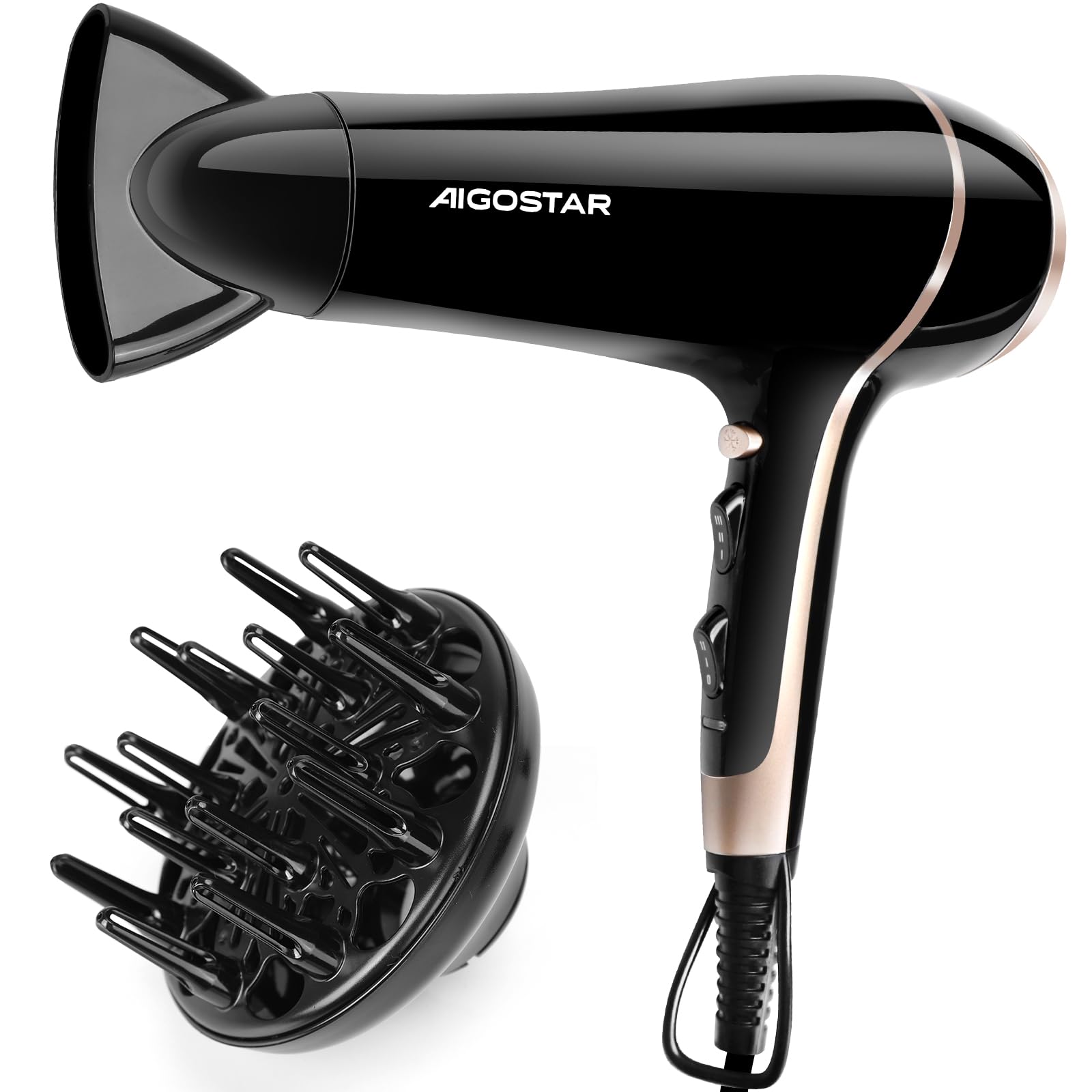 Aigostar Profi Haartrockner Ionen 2400W Föhn mit Diffusor für Locken, Schnelles Trocknen Haarföhn, 3 Heiz 2 Geschwindigkeitsstufen, Föhn für Haarsalon Zuhause und Reisen, Schwarz
