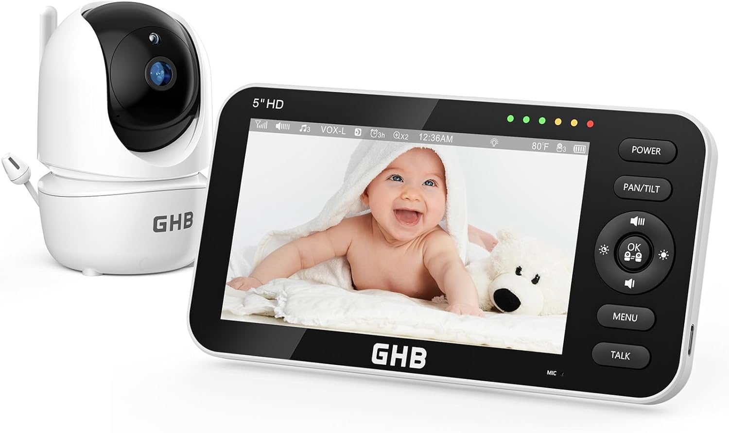 GHB Camara Vigilancia Bebe con 5" HD Pantalla Vigilabebés con Cámara, Batería de 4000mAh Pantalla Dividida, 4×Zoom, Visión Nocturna, Comunicación Bidirecciona Escucha Bebes