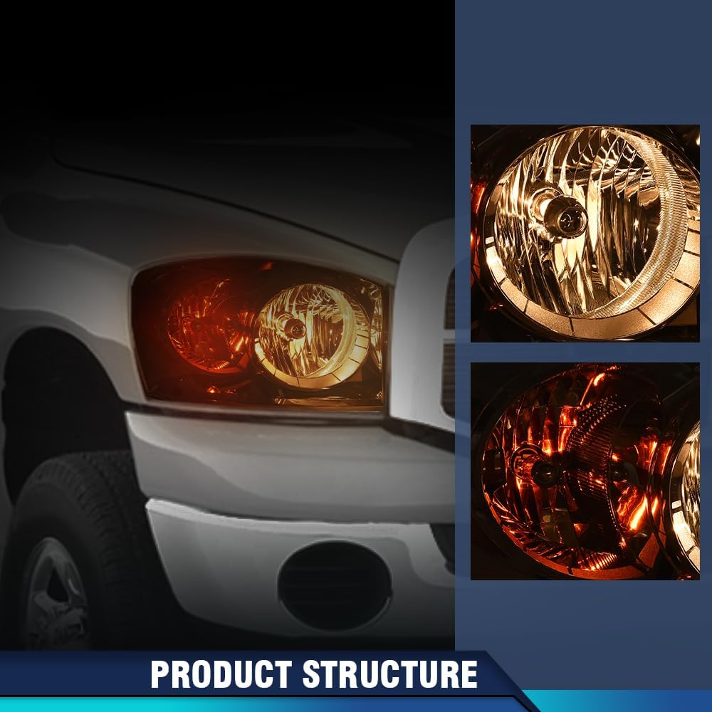 PIT66 Headlight w/Bulbs Compatible with Dodge Ram 1500 2006 2007 2008/Fit Dodge Ram 2500 3500 Truck 2006-2009 Halogen Headlamp Replacement Clear Lens Chrome Housing Amber Reflector Right