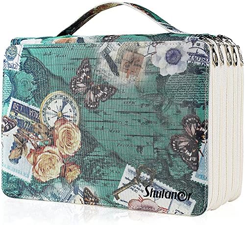 Shulaner 200 Slot Pencil Case with 4 Layers, Retro Style Element Pattern Large Capacity Pencil Organiser Bag, Waterproof 840D PVC Fabric 200 Pencil Case Holder - Gray Blue