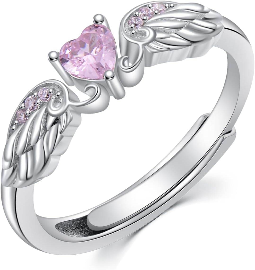 Angel Promise Ring 925 Sterling Silver Angel Wing Heart Ring for Women Angel Memorial Ring with Heart Birthstone Promise Ring Adjustable Size 7
