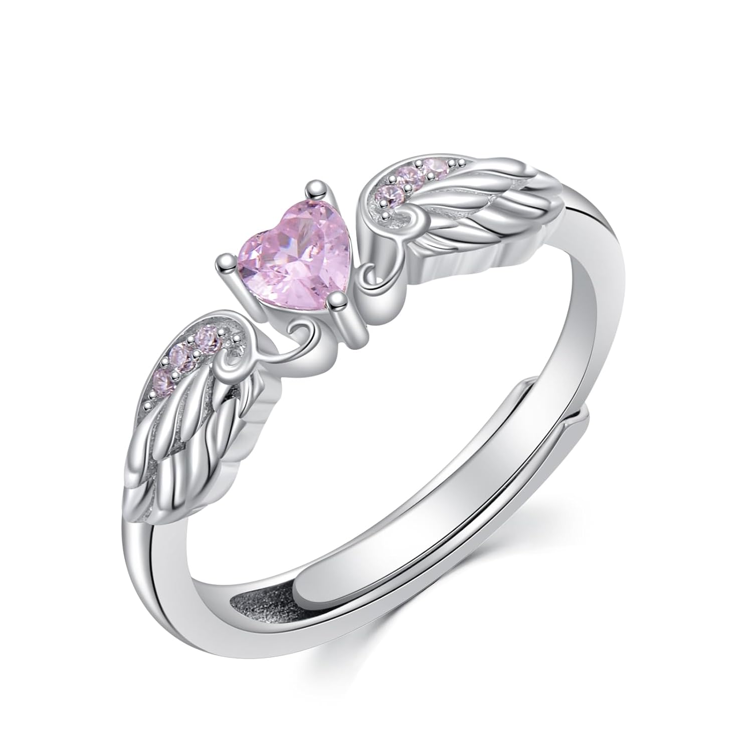 Angel Promise Ring 925 Sterling Silver Angel Wing Heart Ring for Women Angel Memorial Ring with Heart Birthstone Promise Ring Adjustable Size 7