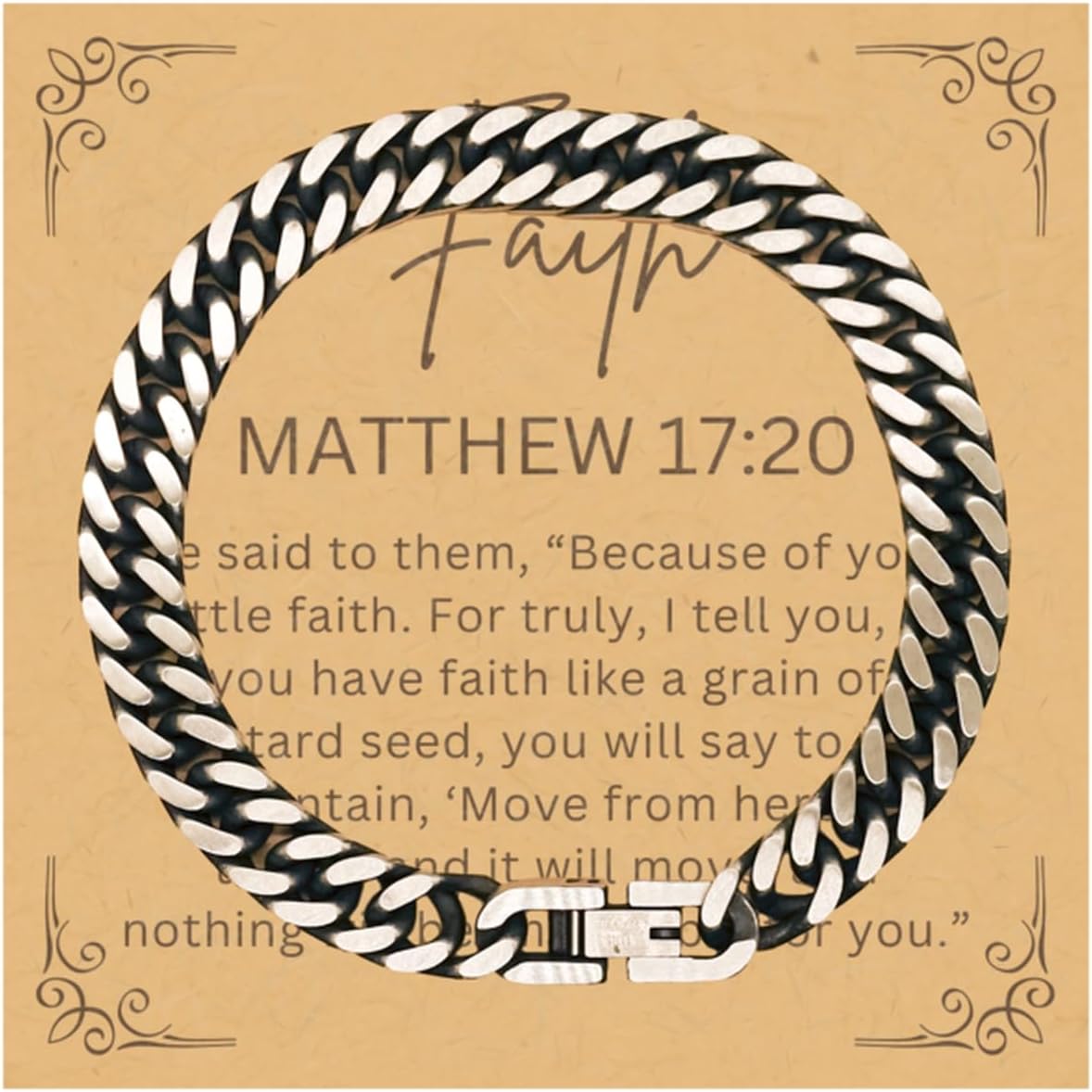 PARN'S Gifts For Christian Bible Verse - Matthew 17:20 - Cuban Link Bracelet Faith Gifts For Son Dad Brother Nephew Boyfriend Husband, Religious Jewelry Bracelet Message Card Box