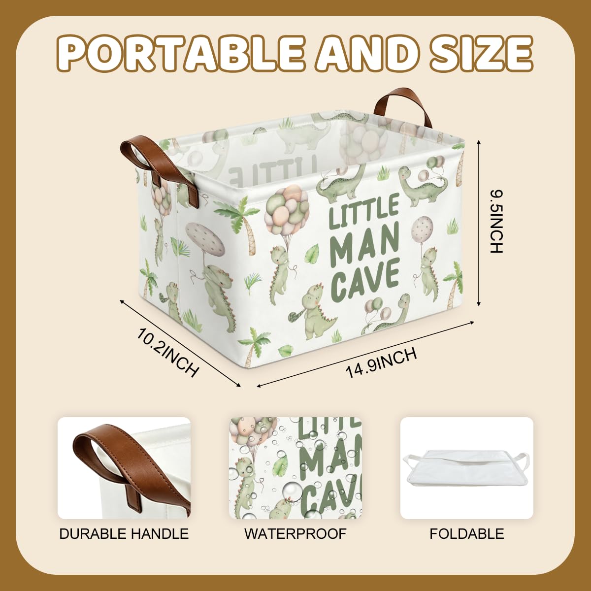 Foldable Sage Green Dinosaur Basket Boy Books Toys Storage Basket Bin for Nursery image 2