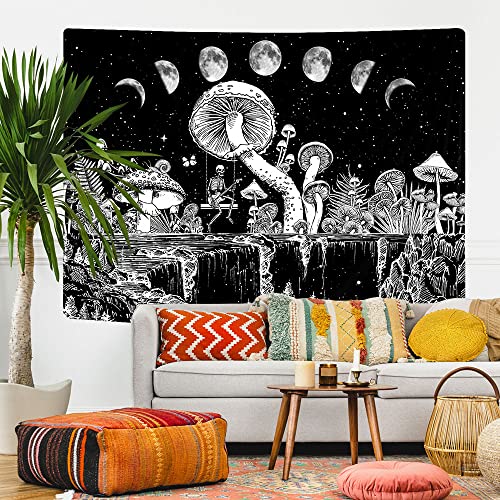 Black White Mushroom Tapestry Moon Phase Tapestries Gothic Funny Hippie Skull Skeleton Wall Tapestry 60X40 Inch Trippy Galaxy Star Butterfly Aesthetic Witchy Tarot Tapestry Wall Hanging For Bedroom #TOP4