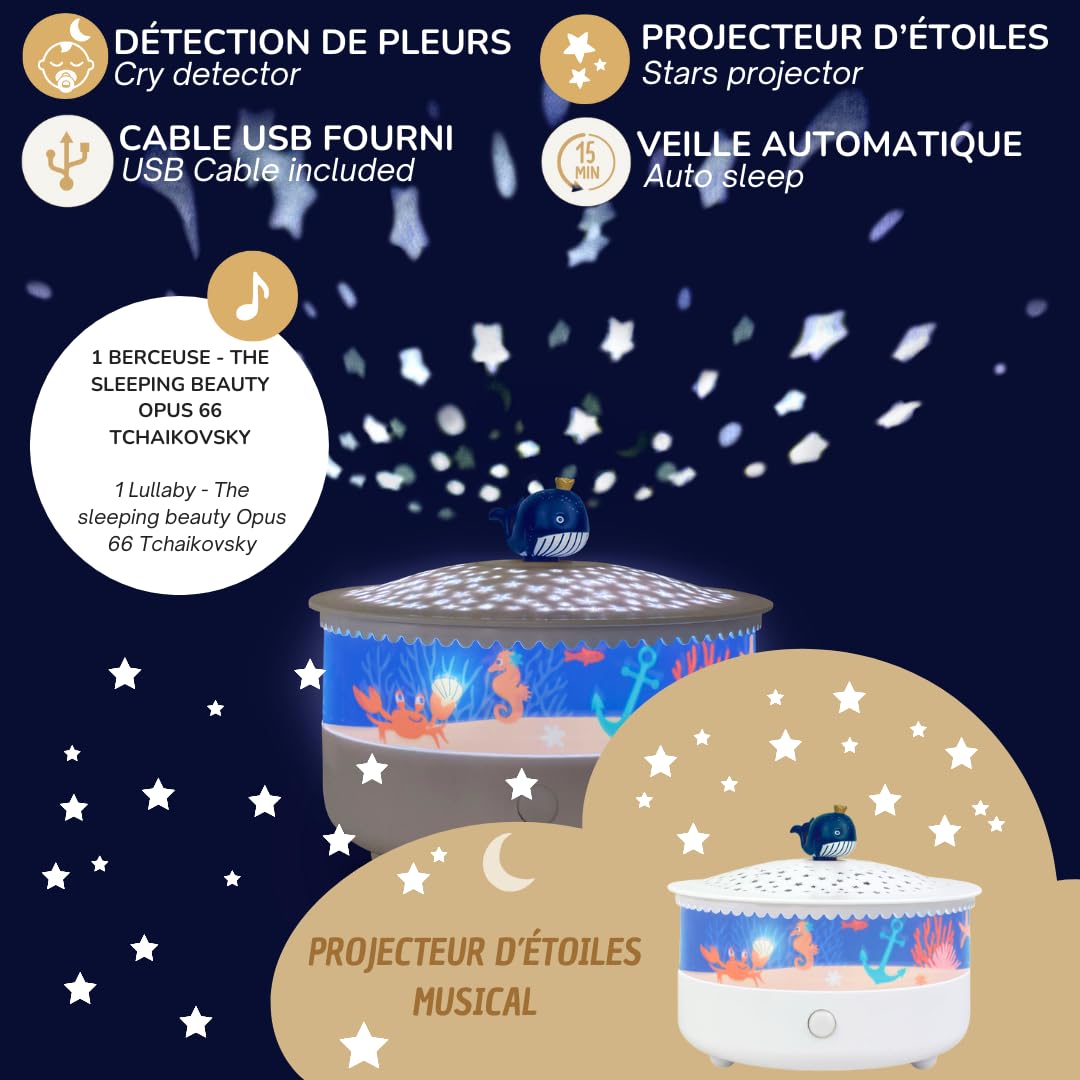 Trousselier - Veilleuse - Projecteur d'Etoiles Ocean 14 Cm - Musical - Détection des Pleurs - Rechargeable USB, Océan