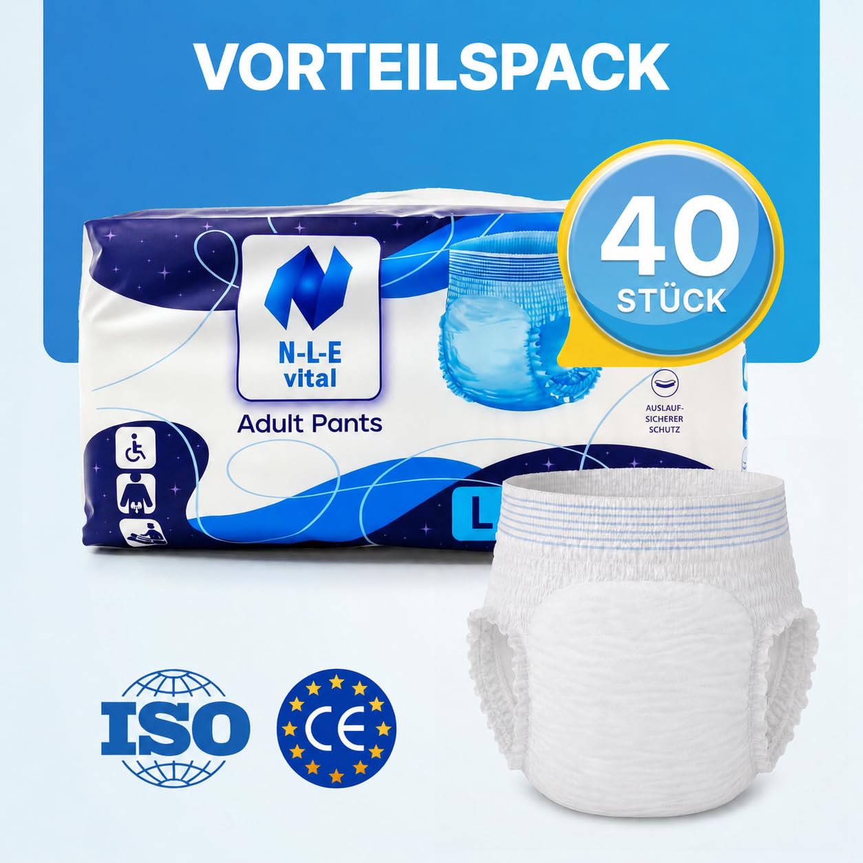 NLE Inkontinenz Pants für Erwachsene – Größe L, 80 Stück – Einweg Nacht Windeln zum Hochziehen – diskrete Inkontinenz Unterwäsche für Damen und Herren – 2000 ml Saugleistung