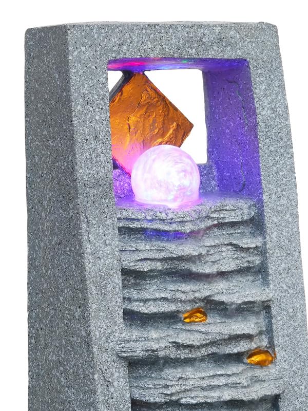 Image of Polyresin Rock Finish Table Top Indoor Waterfall Fountain for Home Decor with Yellow LED, Speed Controller Pump & Crystal Ball (Size: 40.5 x 29.5 x 22CM | Weight: 2240grm | Color: Grey)
