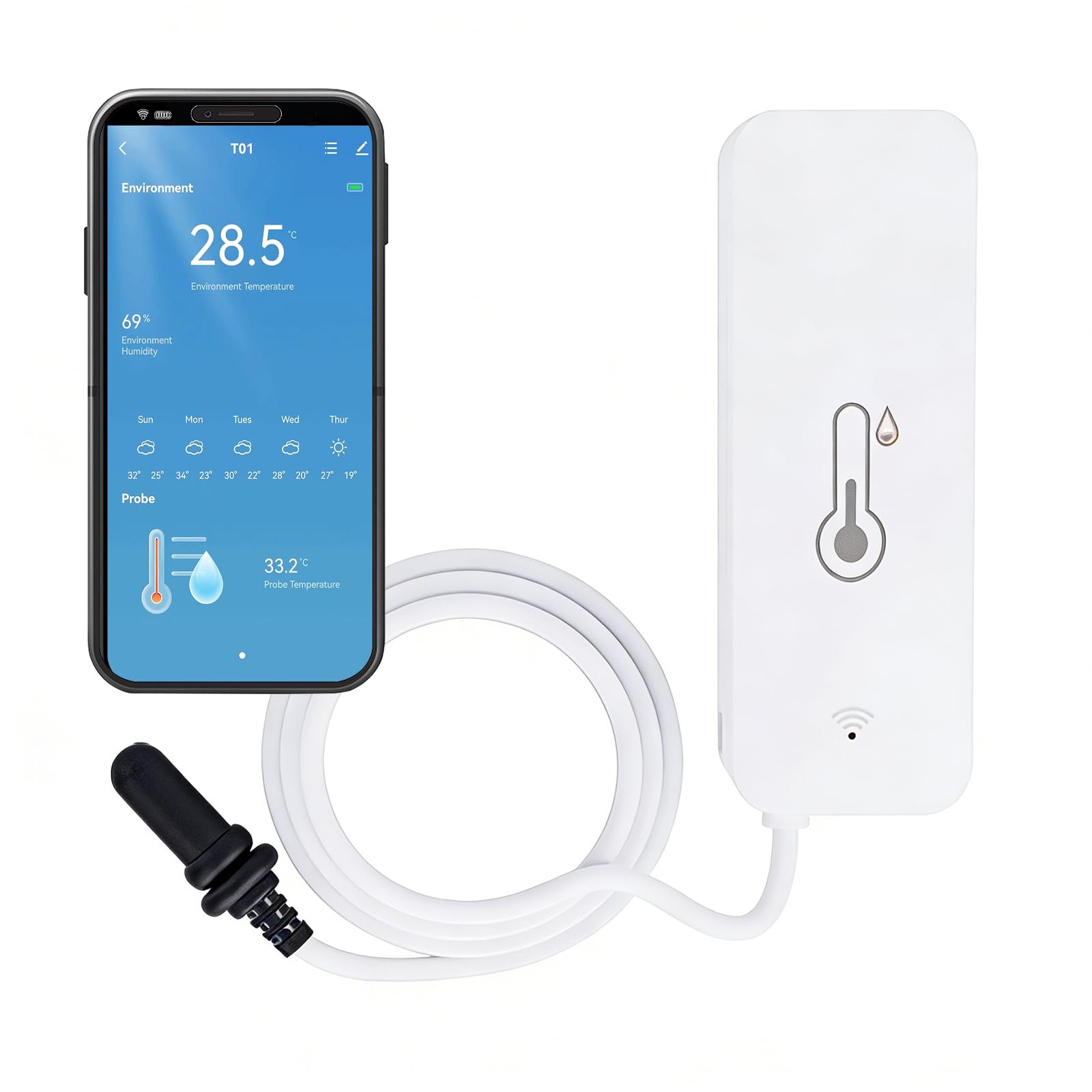 Thermomètre hygromètre WiFi avec capteur externe intelligent pour intérieur extérieur alarme application surveillance à distance compatible Alexa congélateur