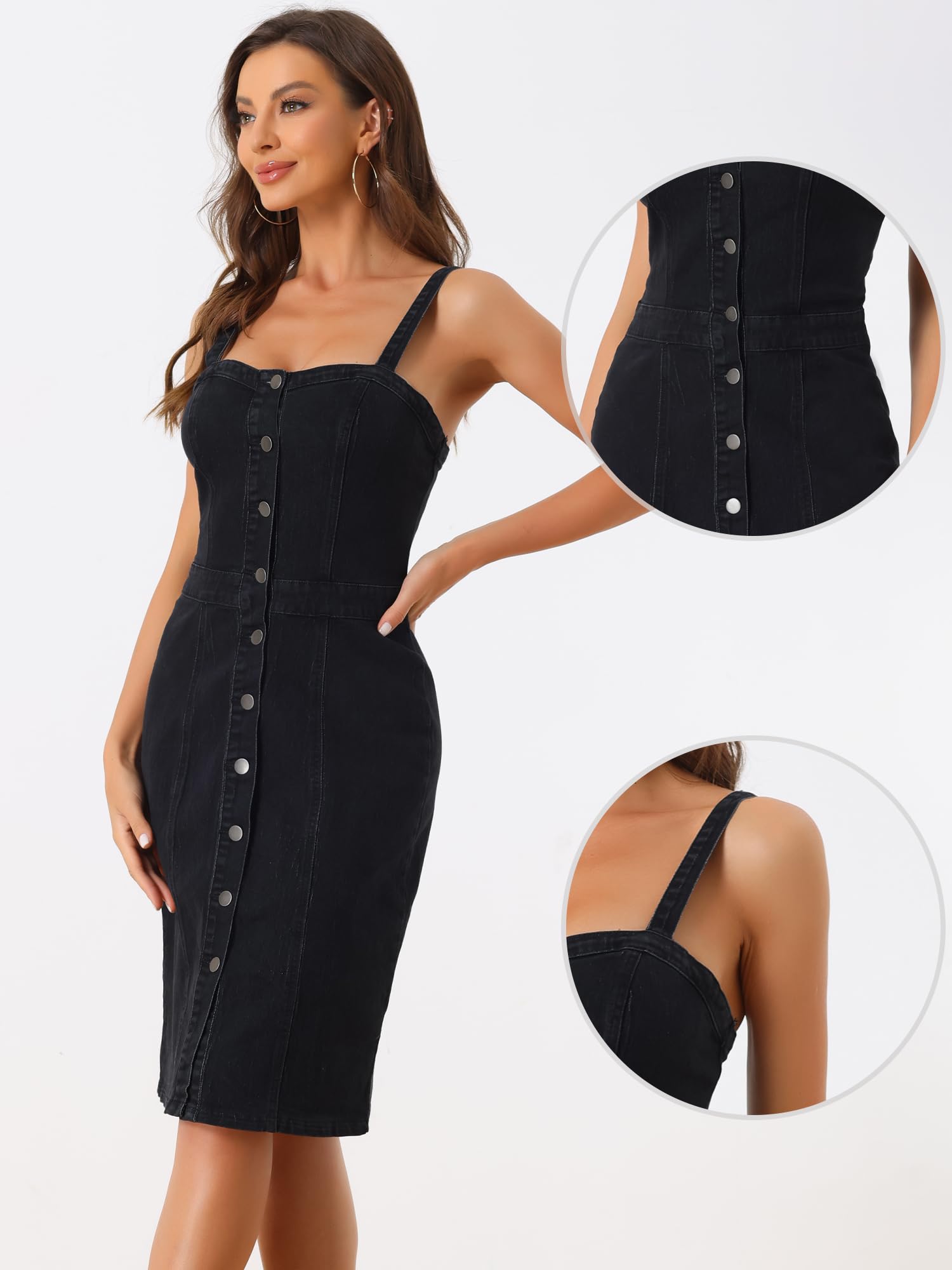 Allegra K Vestido Vaquero Casual para Mujer con Botones sin Mangas | con Escote Corazón, Elásticos de Mezclilla