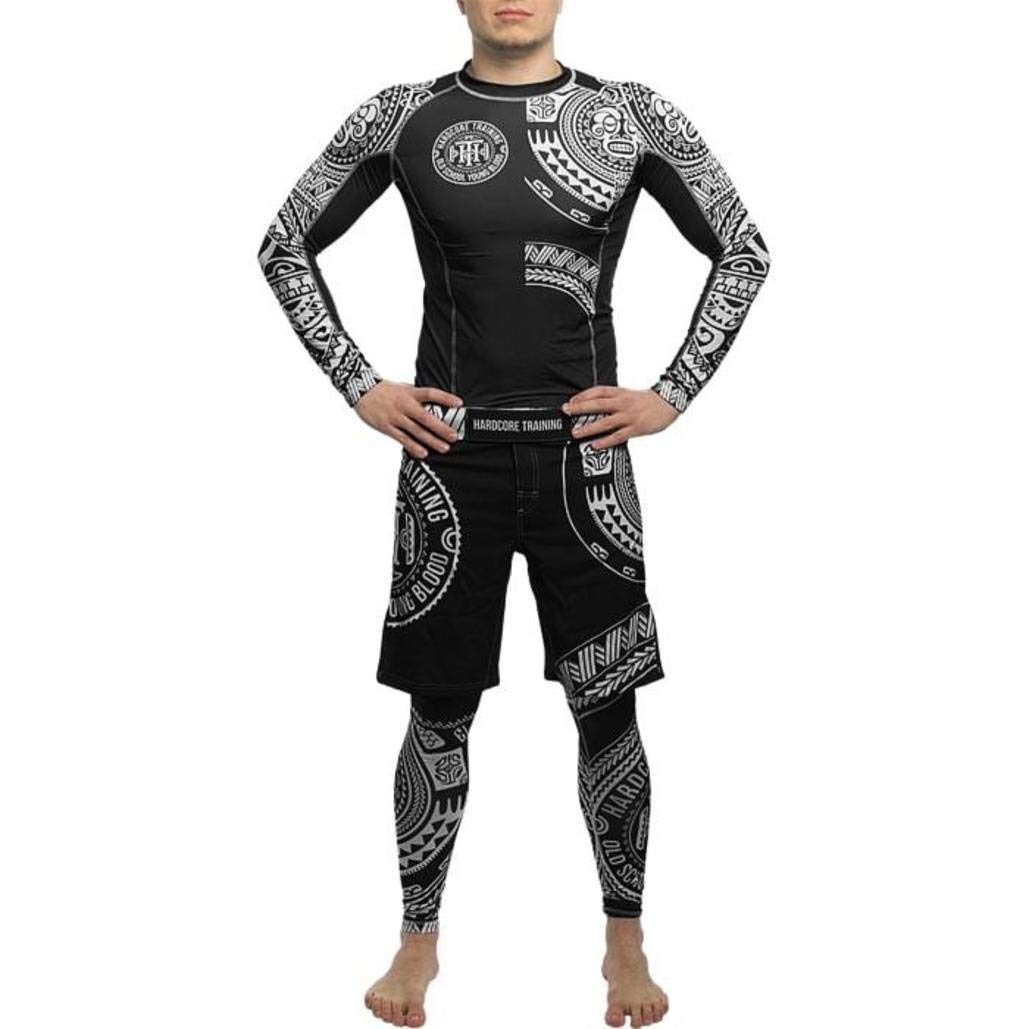 Hardcore Training Rash Guard Mężczyźni Kompresja Koszulka Długi Rękaw BJJ MMA No-Gi Obcisła Grappling Boks (DE/NL/SE/PL, Alfa, 3XL, Regularny, Regularny, Czarny Biały)