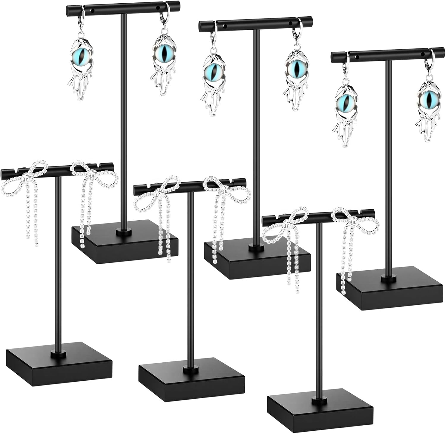 Kigeli 6 Pack Metal T Bar Earring Display Stand Retail Earring Display Holder Detachable Metal Earring Display Storage Rack Jewelry Photography Prop, Square Base, Height 4.3" and 5.1" (Black)