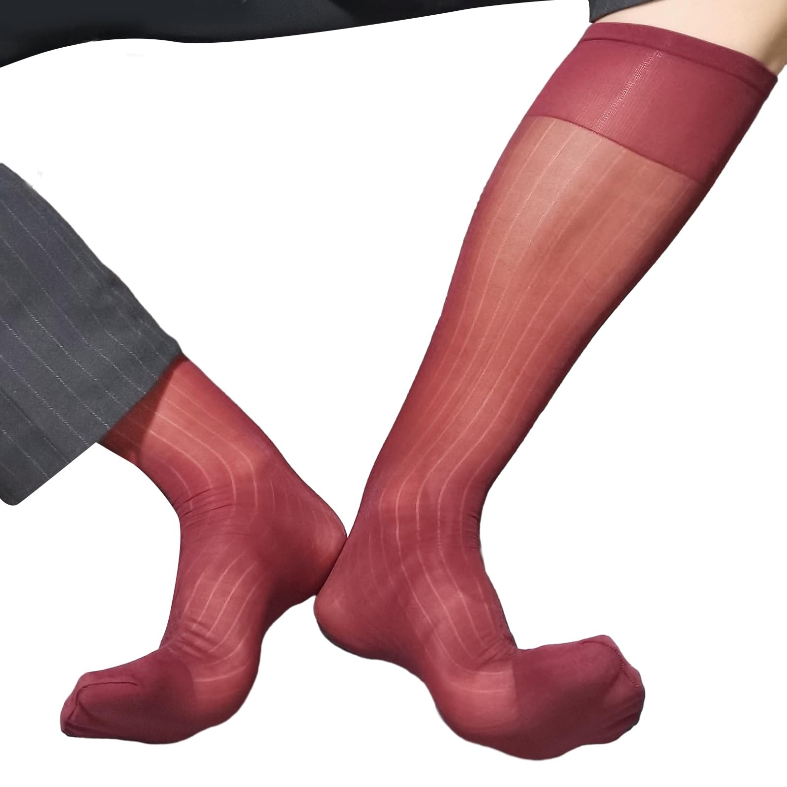 Amangul Unisex Burgundy Mens Sheer Business Dress Socks Long Over The Calf Dress Or Work Socks Nylon Dress Socks Dress Socks Gifts(Burgundy)