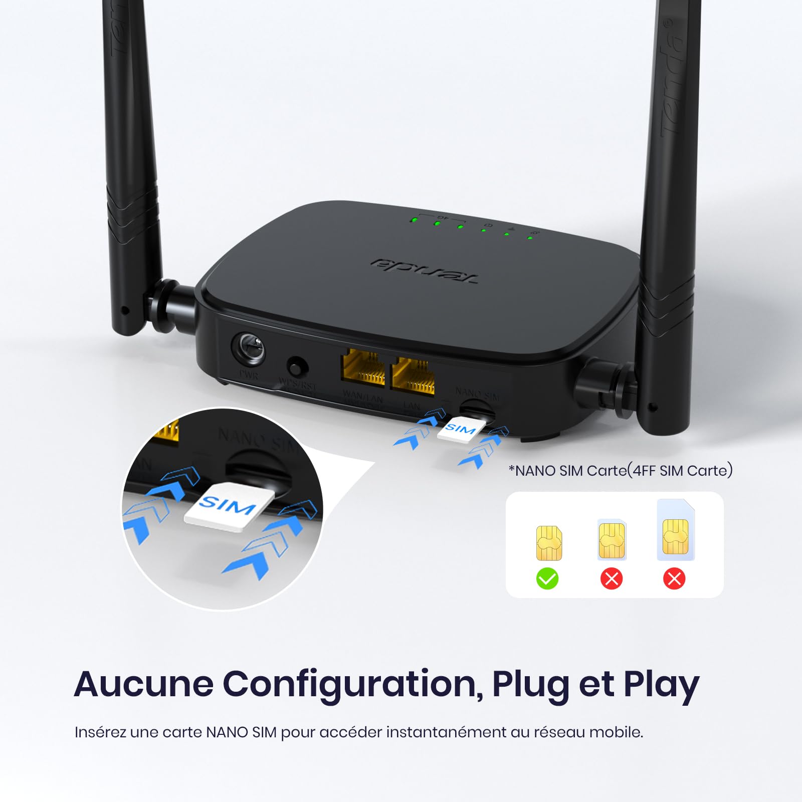 Tenda Box 4G Routeur SIM LTE 150 Mbps 2.4GHz 300 Mbps CAT4 2 Antennes Externe Fast Ethernet LAN/WAN 4G03 Pro