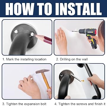 Bath Grab Rails Staircase Handrails with Anti-Slip Grip 30CM Black Coated Handrail Stainless Steel Banister Grab Bar Knurled Bath Handle for Indoor and Outdoor