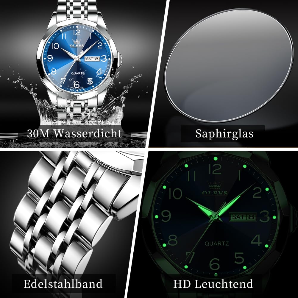 OLEVS Uhren Herren Business Kleid Analog Digital Quarz Edelstahl Wasserdicht Leuchtend Datum Luxus Armbanduhr Herren Geschenk