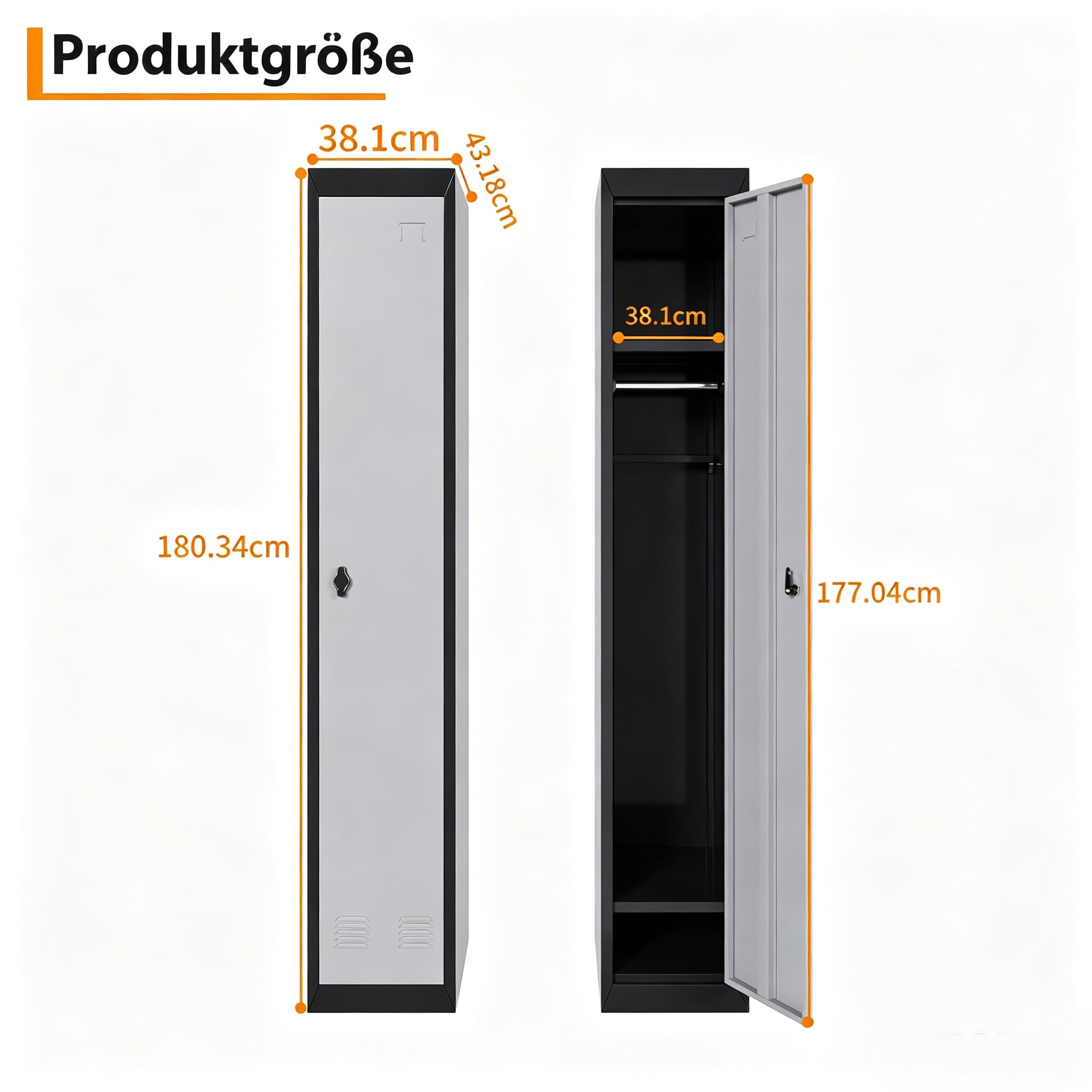 Garvee Spind Metall 180x30.5x45.7cm Stahlschrank abschließbar Garderobenschrank mit Kleiderstange & Lüftungsschlitzen Metallschrank für Büro Garage Schule Keller Umkleideschrank Grau Schwarz
