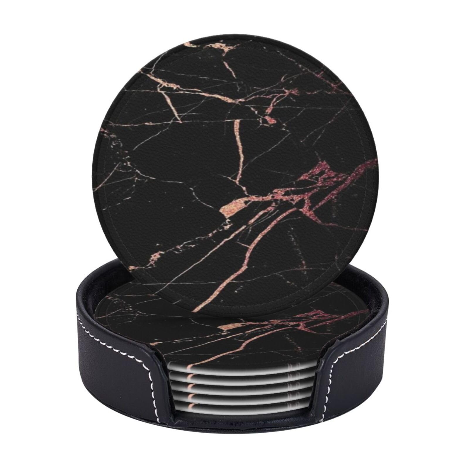 AUGUSTRUSH Round PU Leather Coasters Set of 6, Black rose gold Marble Print coaster with Storage Box, Heat-Resistant Non-Slip Drink Pads for Kitchen Desk Office Dining Table