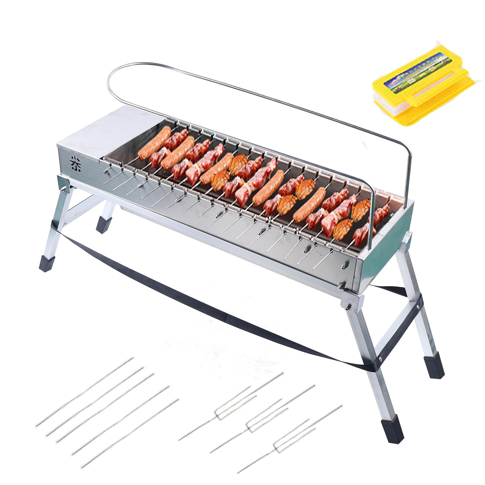 Automatyczny obrotowy grill z dwuwarstwową składaną konstrukcją, przenośnym uchwytem, torbą do przechowywania i akcesoriami do gotowania na świeżym powietrzu