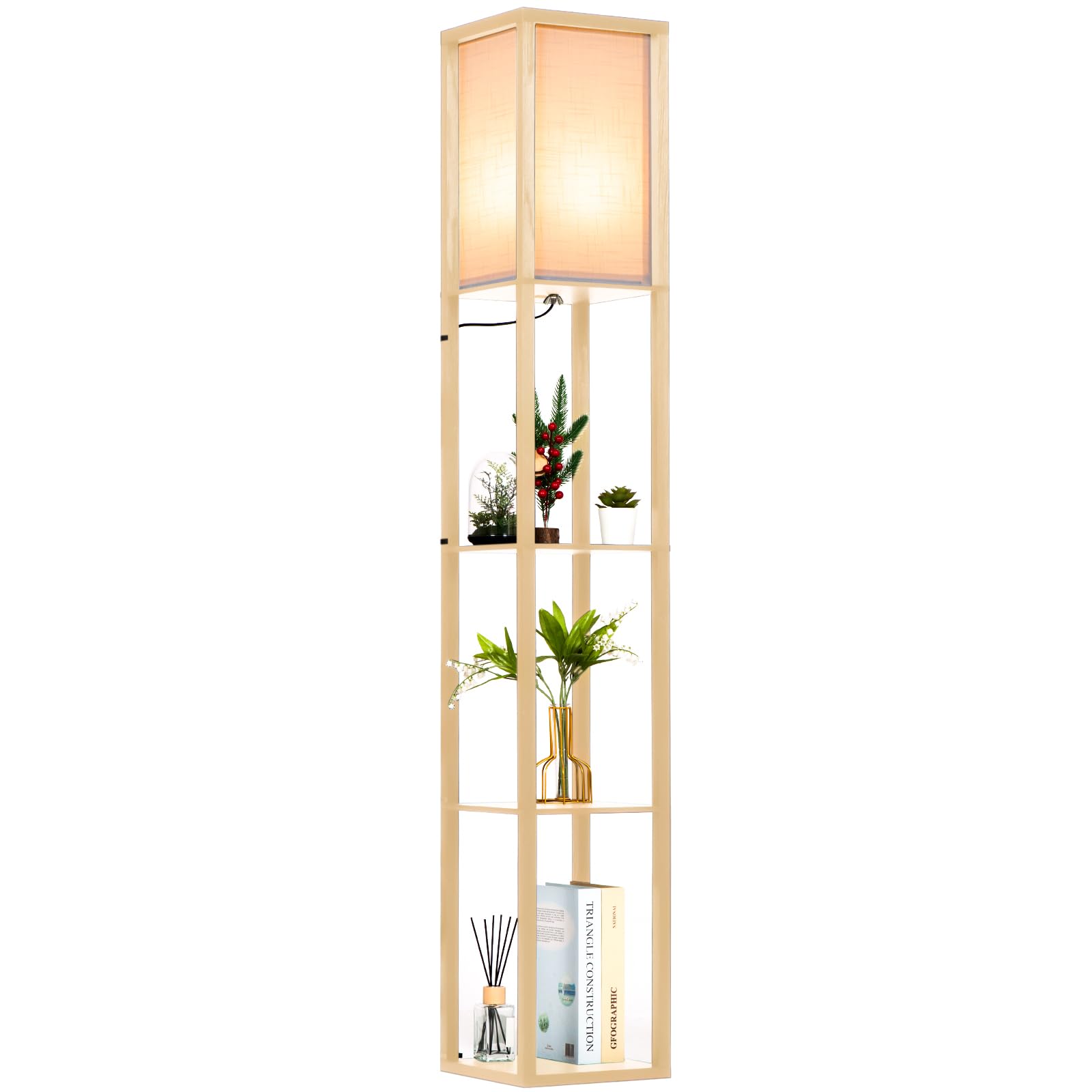 Ledivion Floor Lamp with Shelves, 3 Layers Wooden Shelf Lamp, Morden Tall Standing Lamp, Floor Lamps for Living Room, Bedroom, Office, Home Decoration, Includes 9w LED Bulb (2700K Warm White)