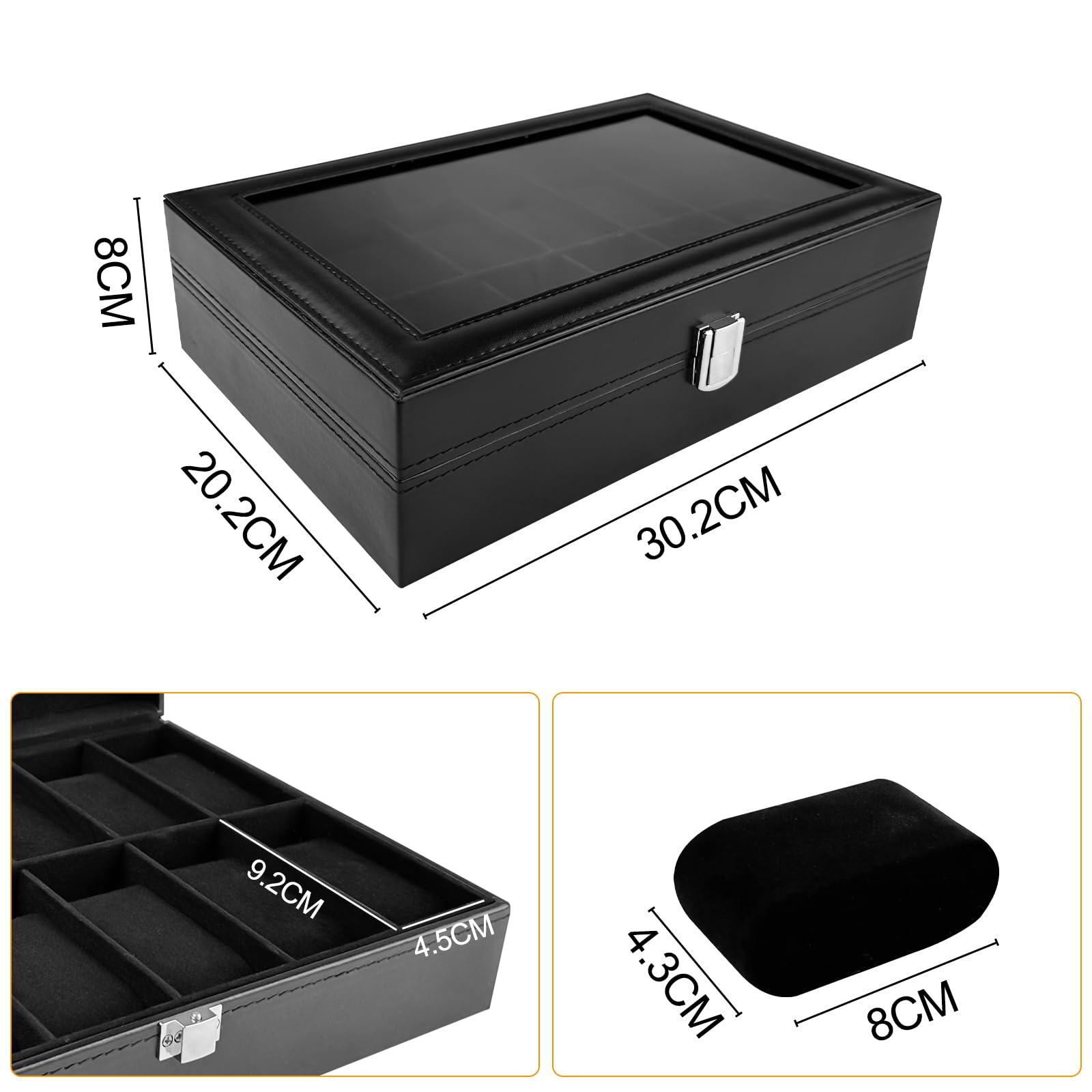 Caja de Relojes con 12 Compartimentos, Soporte de Exhibición con Tapa de Cristal, Almohadilla Extraíble