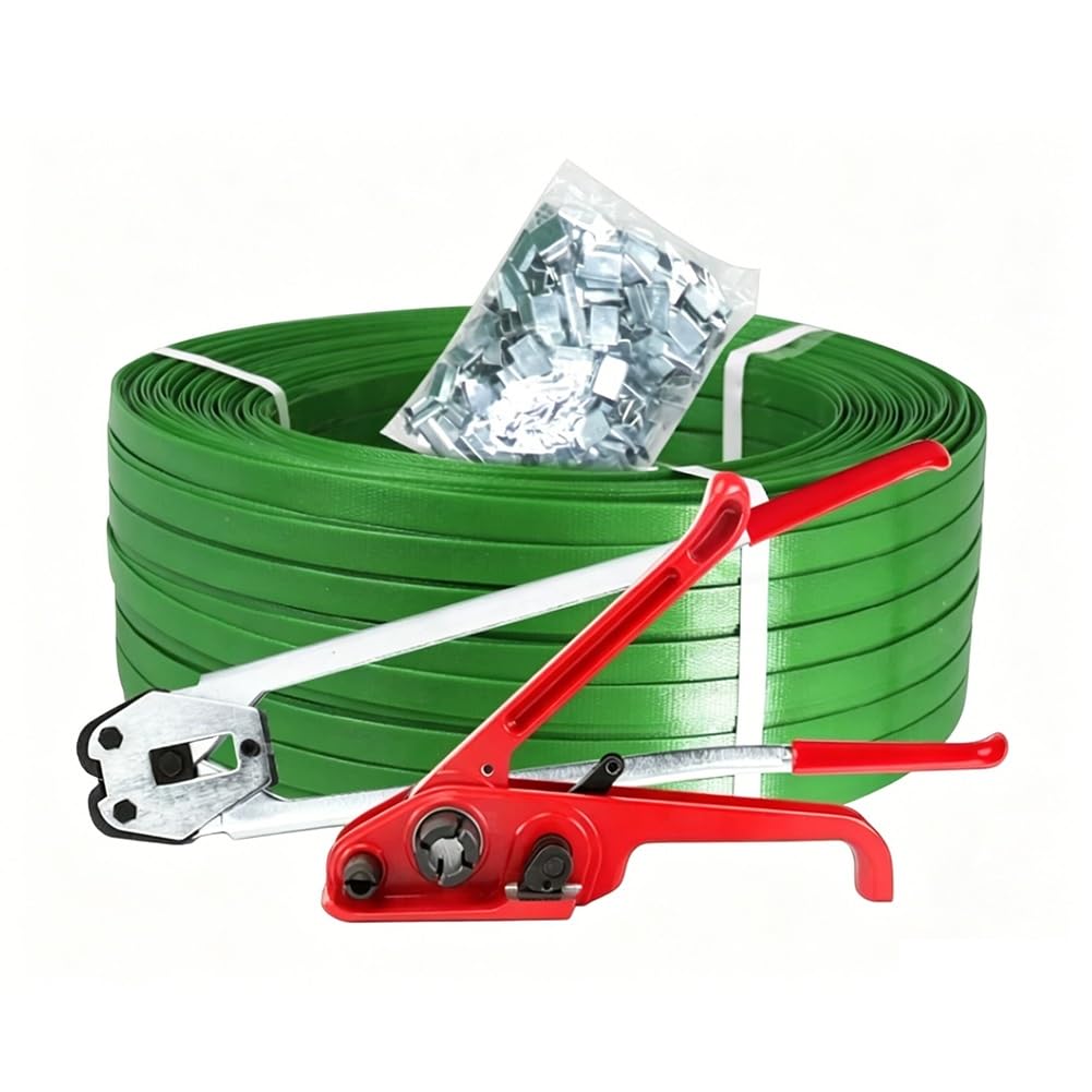 Kit di reggiatura in acciaio e plastica PET | Verde, 12/16 mm, trasporto in magazzino: reggia in PET, pinze, tenditore, 200 fibbie(16mm)