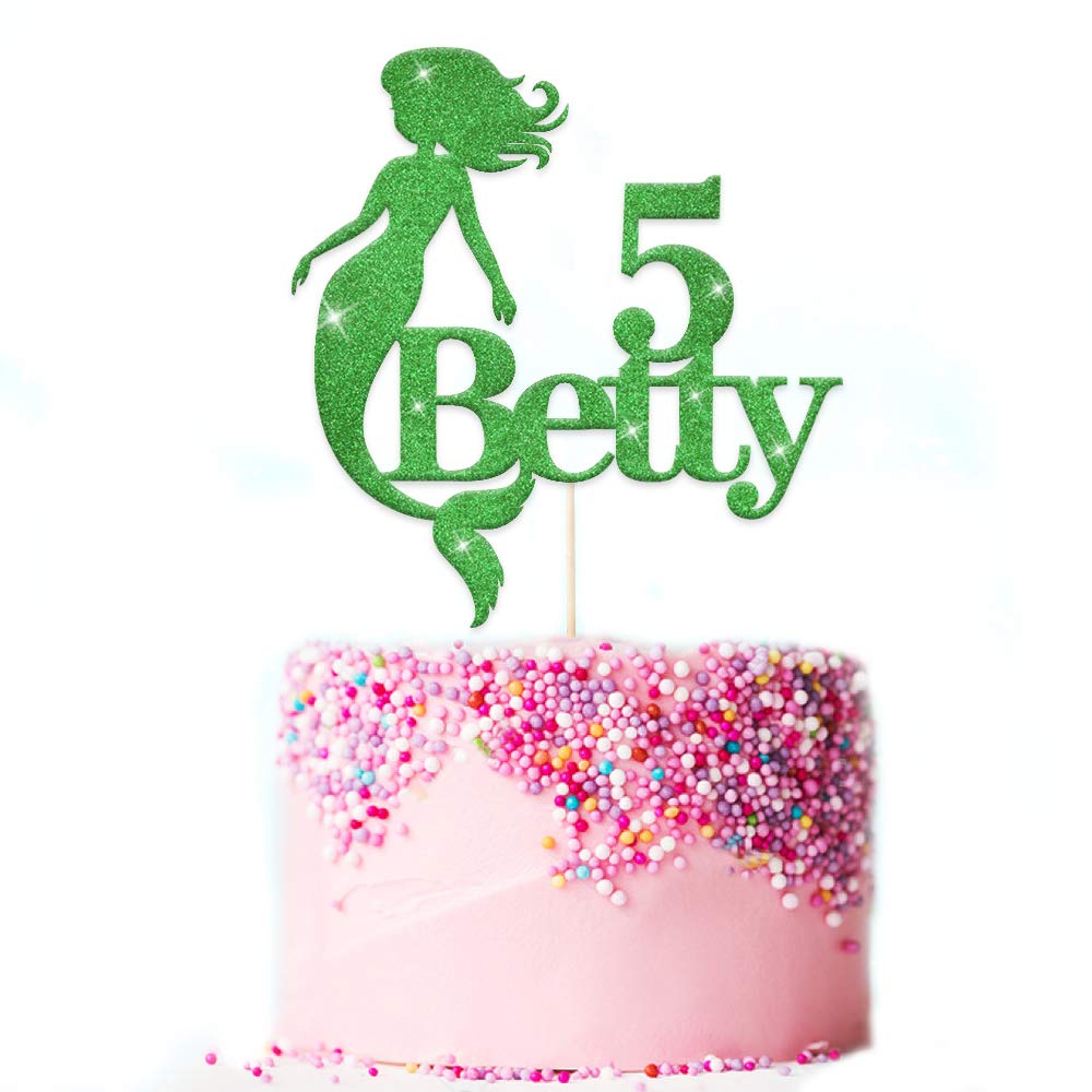 PERSONALISED Girls Birthday Cake Topper - Personalise with ANY NAME and ANY AGE - Made from Non-shed Double Sided Glitter Mermaid Cake Decoration (Green)