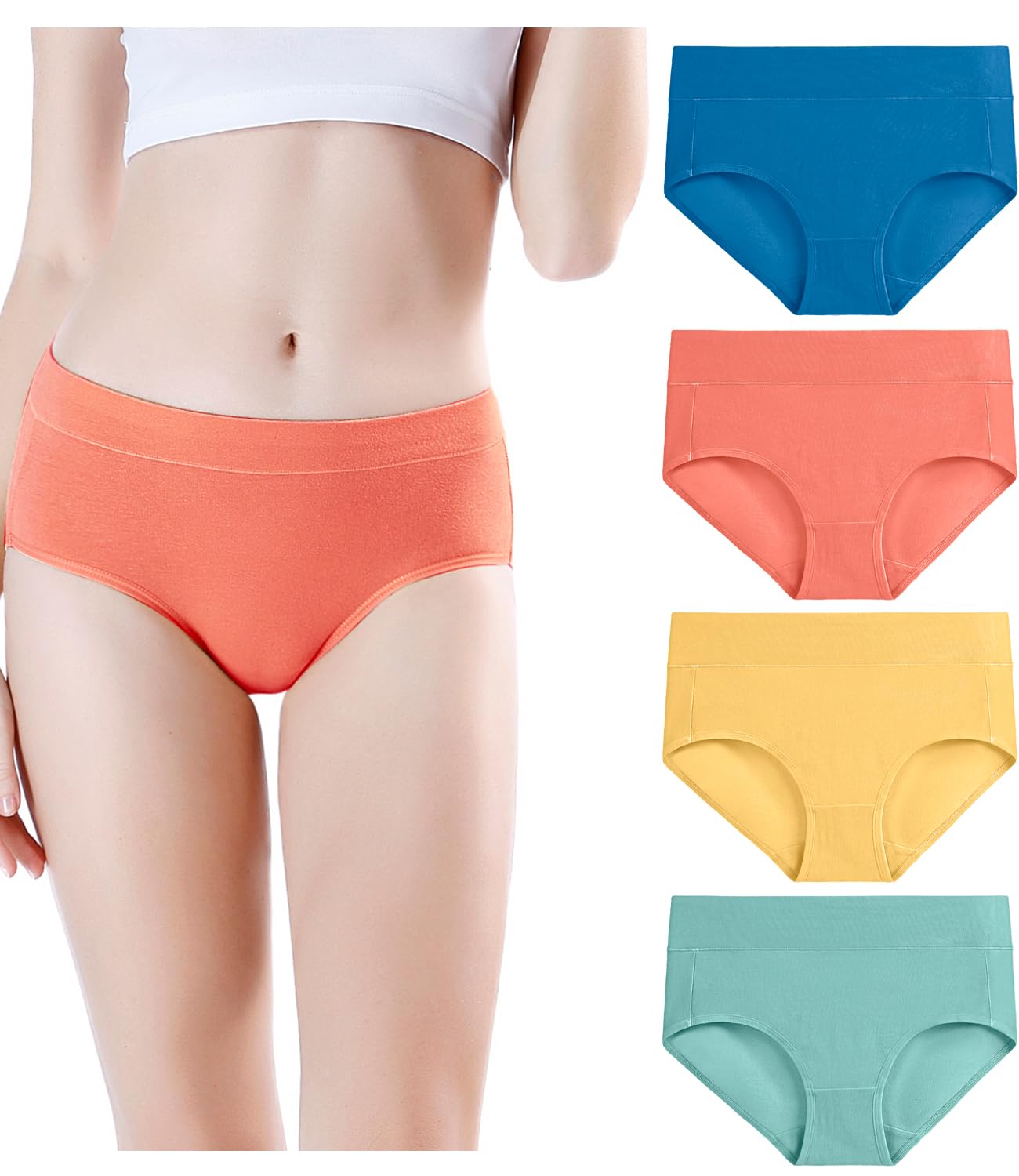 wirarpa Women's Underwear Cotton Mid Waisted Ladies Panties Full Coverage Briefs 4 Pack (Regular & Plus Size)
