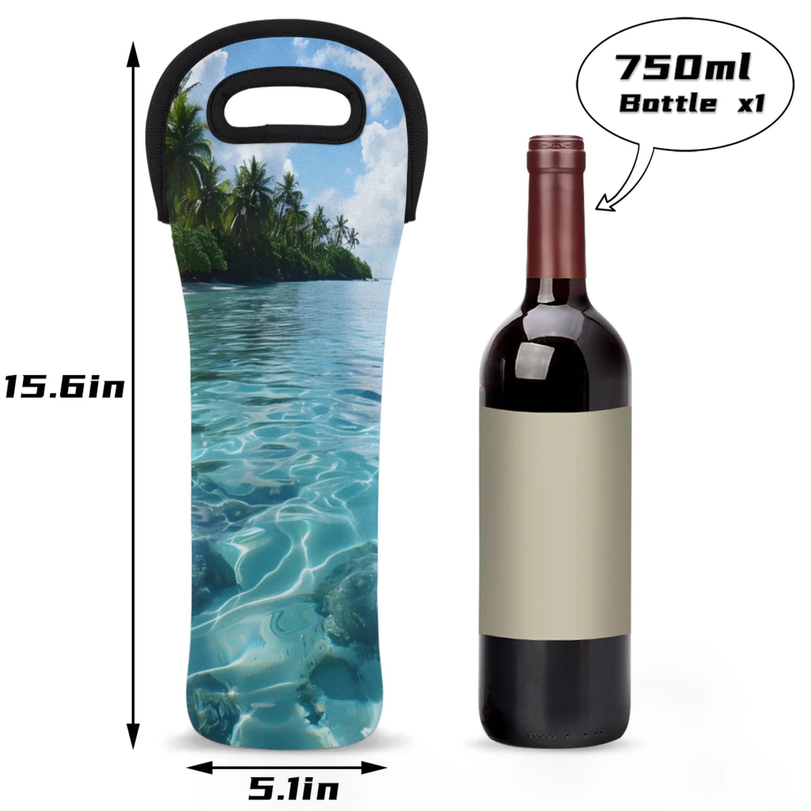 Neoprene Wine Tote Carrier Bag for Wine,Water, Champagne, Beer, Baby Bottles 15.6 x 5.1 Inches, Protective Wine Bag,Landscape Beach