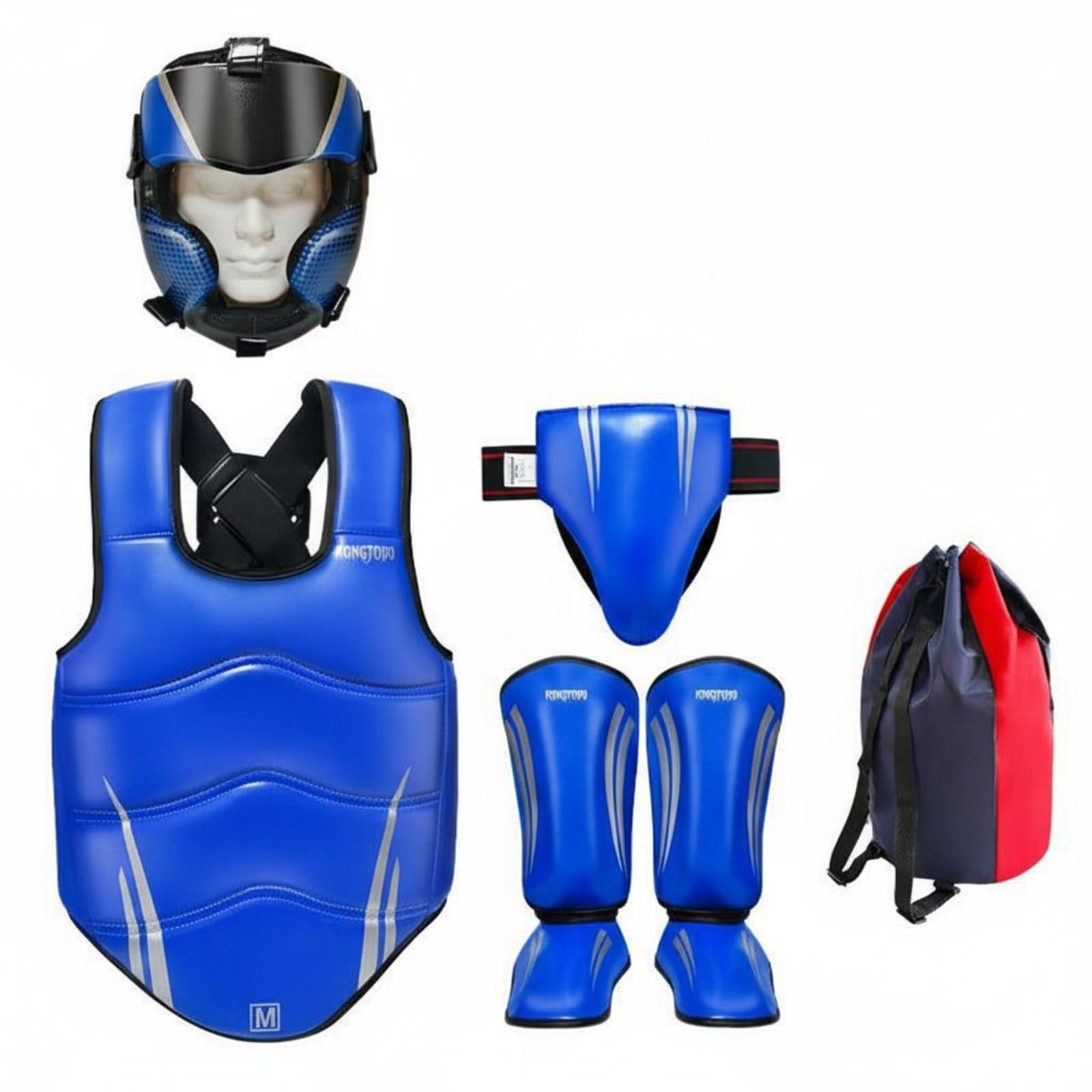 5 Pièces Équipement de Protège Arts Martiaux Casque Plastron Coquille Protège‑Tibias Matériaux PU Amorti Épais Ajustement par Sangles Adapté aux Cours , Blue , S