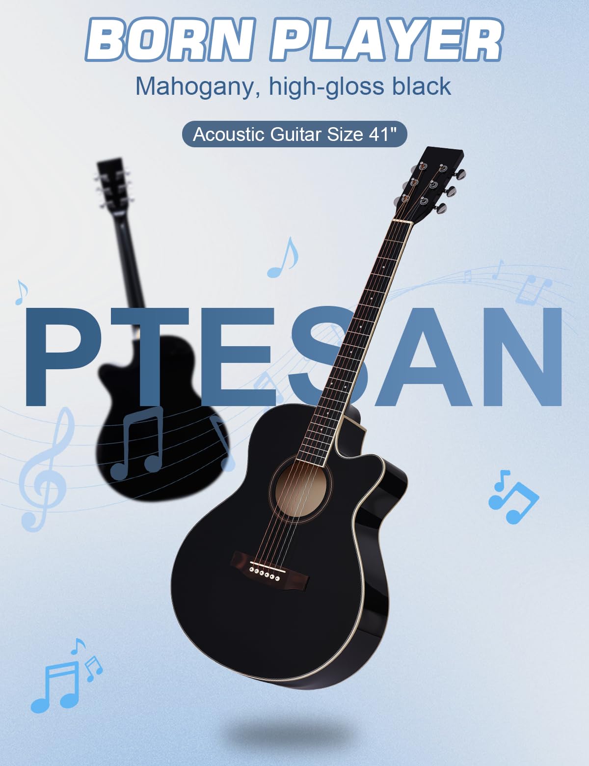Gitara akustyczna 104 cm dla początkujących dorosłych pełny rozmiar wycięta gitara zestaw zestaw - czarny pakiet z torbą koncertową, tunerem, paskiem, struny, kostki, kapodaster