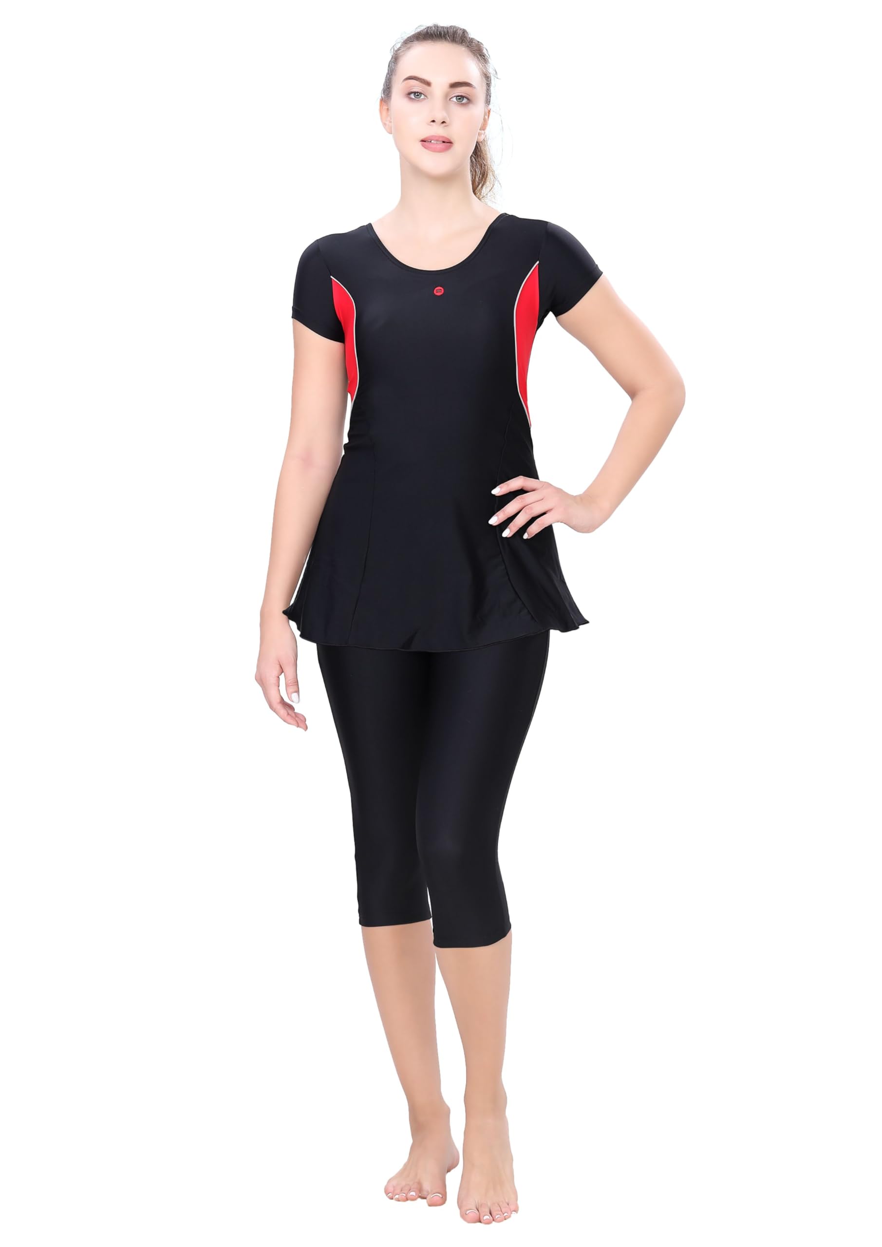 lactra Sleeved U-Back Swimdress with Contrast Side & Knee | Comfortable & Modest Swimwear for Women-picture-37