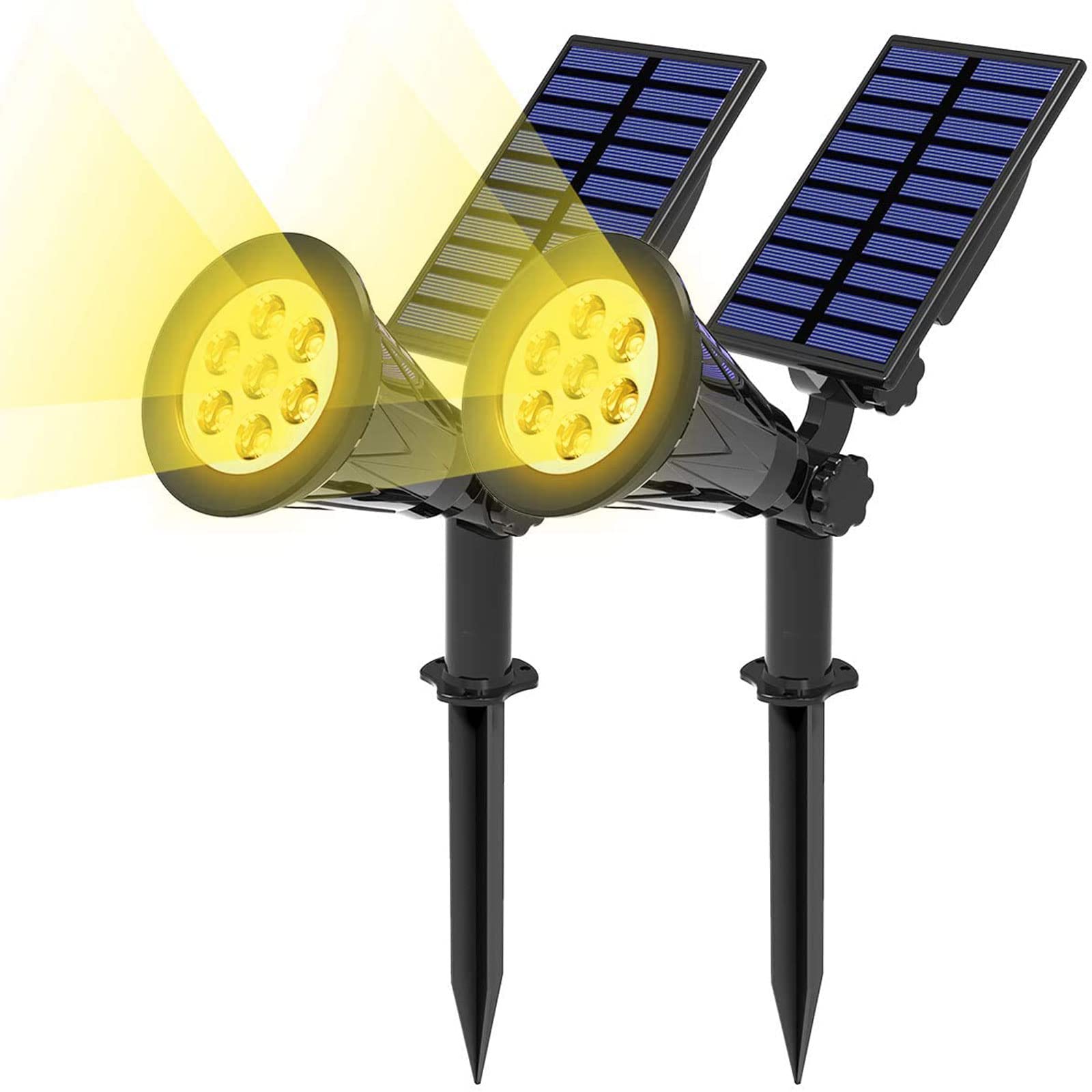 T-SUN Solar Spot Lights Outdoor, 7 LED Solar Landscape Spotlights Wall Lights Auto ON/Off Waterproof Solar Lights for Tree, Patio, Yard, Garden, Driveway, Pool Area(Yellow- 2 Pack)