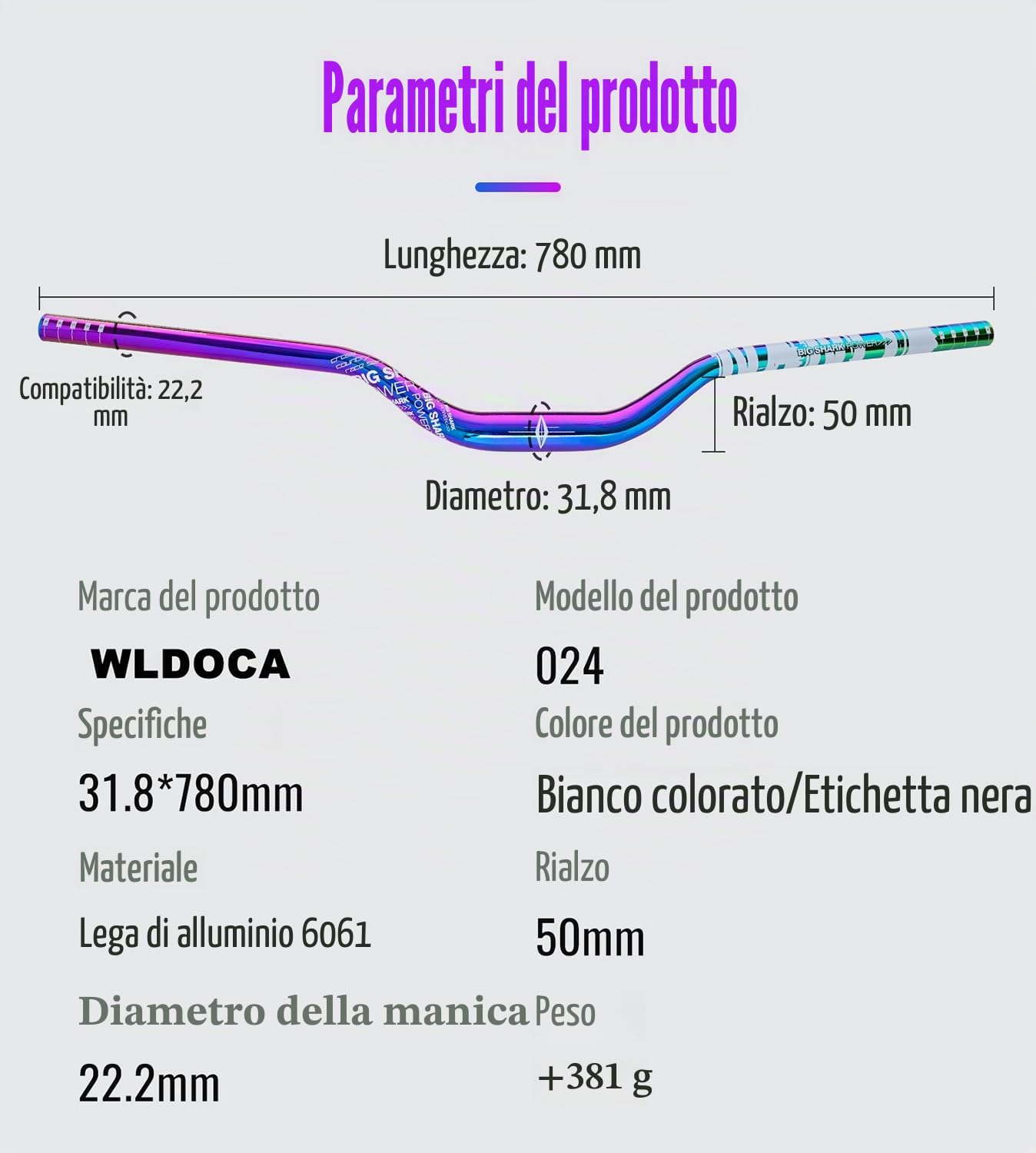 Manubrio per Bici MTB con Sollevamento da 50 mm, in Lega di Alluminio, colorato, Arcobaleno, Manubrio AM XC DH Racing Rise, 31,8 * 780 mm