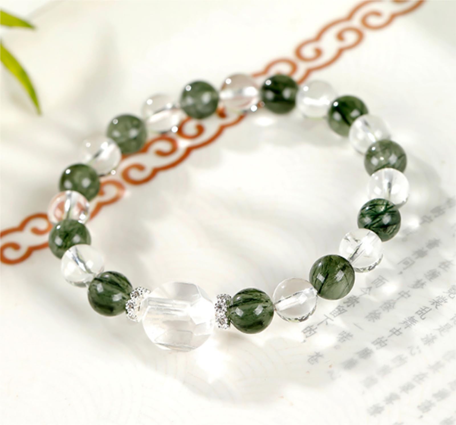 Braccialetto elastico in quarzo naturale trasparente e quarzo rutilato verde, per uomini e donne, Feng Shui ricchezza perline di cristallo elastico per prosperità e buona fortuna