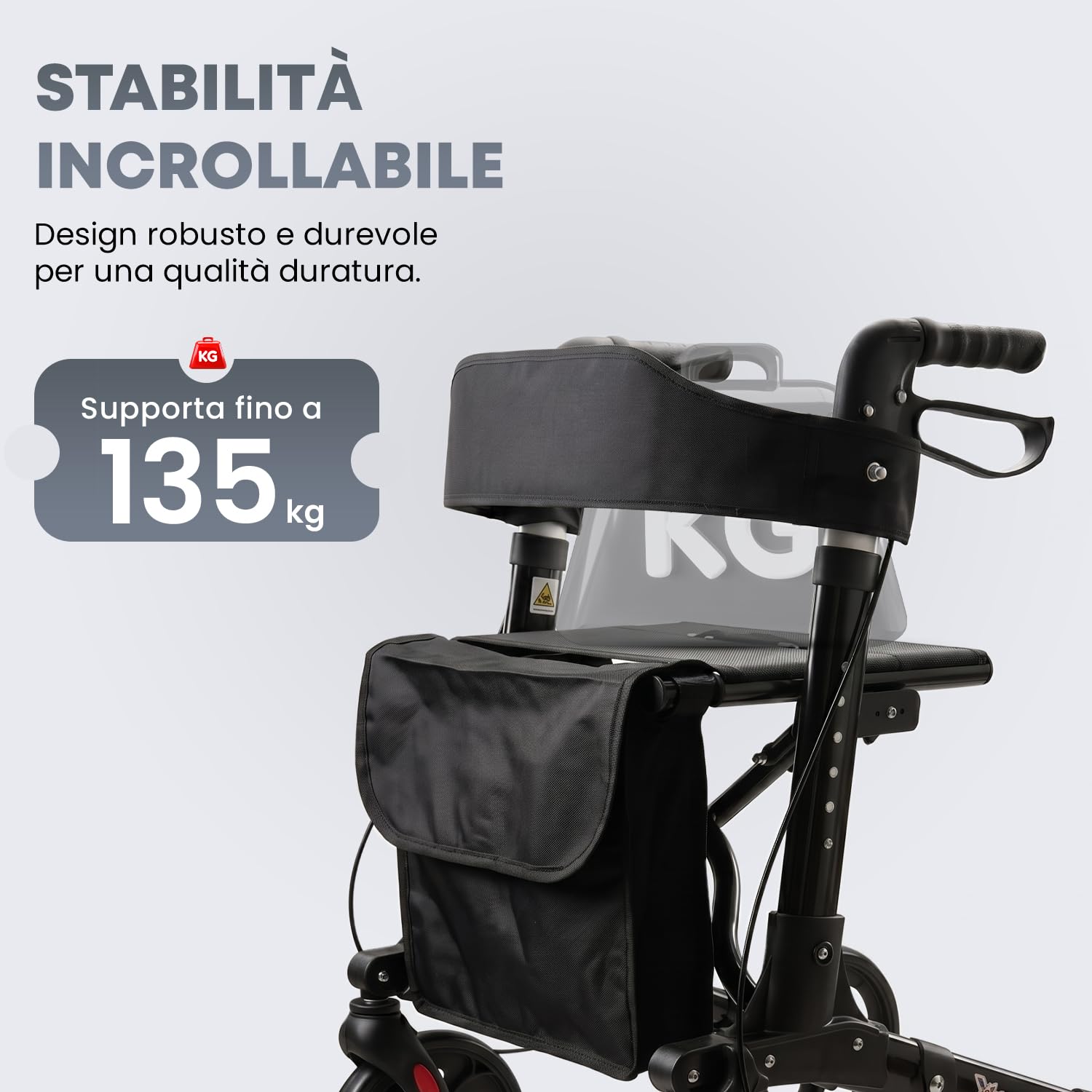 Deambulatore pieghevole leggero con sedile, borsa portaoggetti e freni,Ausilio per la mobilità a 4 ruote per anziani e disabili Telaio per deambulazione regolabile in altezza con maniglie comode Nero