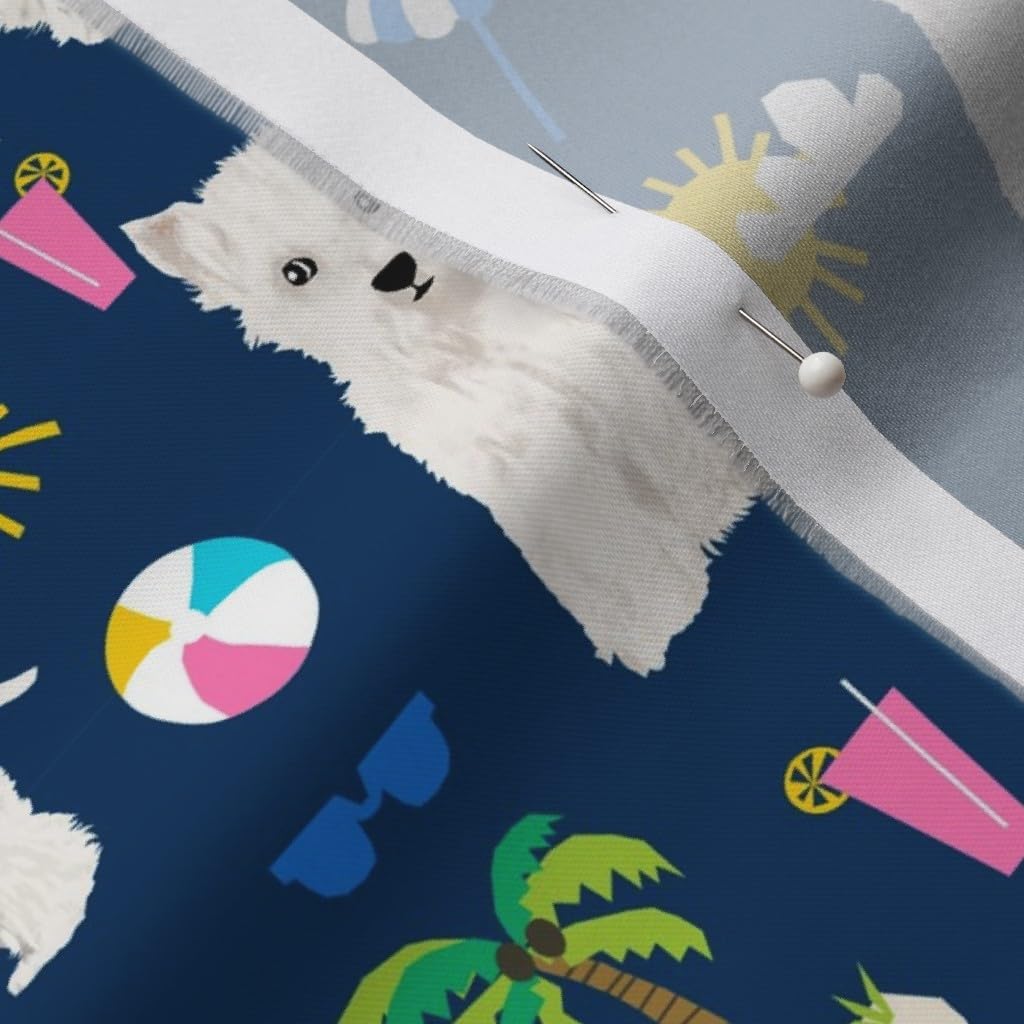 Spoonflower Fabric - Westie Dogs Beach Summer Tropical Navy West Highland Terrier Dog Printed on Organic Cotton Sateen Fabric by The Yard - Sewing Quilting Apparel Home Decor