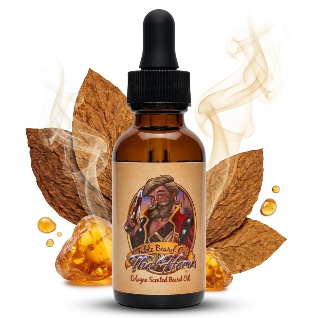 Fable Beard Co. Beard Oil - The Hero, Warm Tobacco, Light Cologne, & Mystical Amber, Natural Beard Oil for Men with Jojoba & Argan Oils, Vitamin E, Beard Hair Softener, Made in USA (1 Fl Oz)