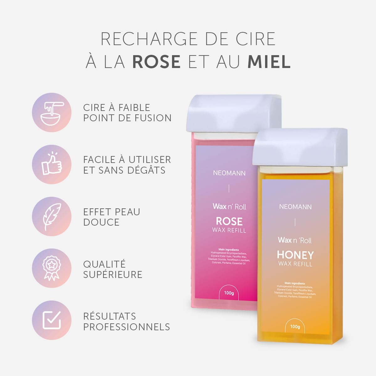 Wax n'Roll,Rouleau de cire avec 1pc rose 1pc cire miel et 6pcs après traitement et 50pcs papier ciré