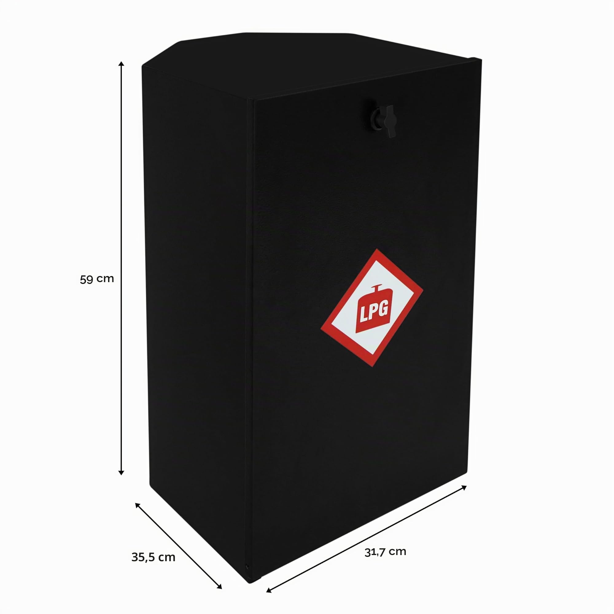 Armario para Bombona de Gas 6 kg/7 kg Metálico – Caja de Acero con Ventilación, Tapa Extraíble y Base Antideslizante – Autocaravana, Camper y Caravana – 59×32×35,5 cm