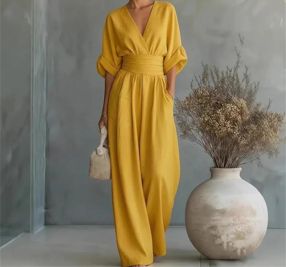 Yeuyyben Enterizo de media manga con cuello en V para mujer, cintura alta, pantalones de pierna ancha, estilo casual, traje de verano, trabajo, viajes