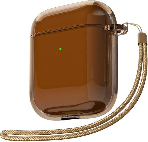 for Airpods Case Clear with Lanyard Strap, Cute Transparent Hard Shell Plastic Case for Airpods 1st 2nd Generation Cover, Girly Y2K TPU Shockproof Protective Cases for Women Men, Brown Amber