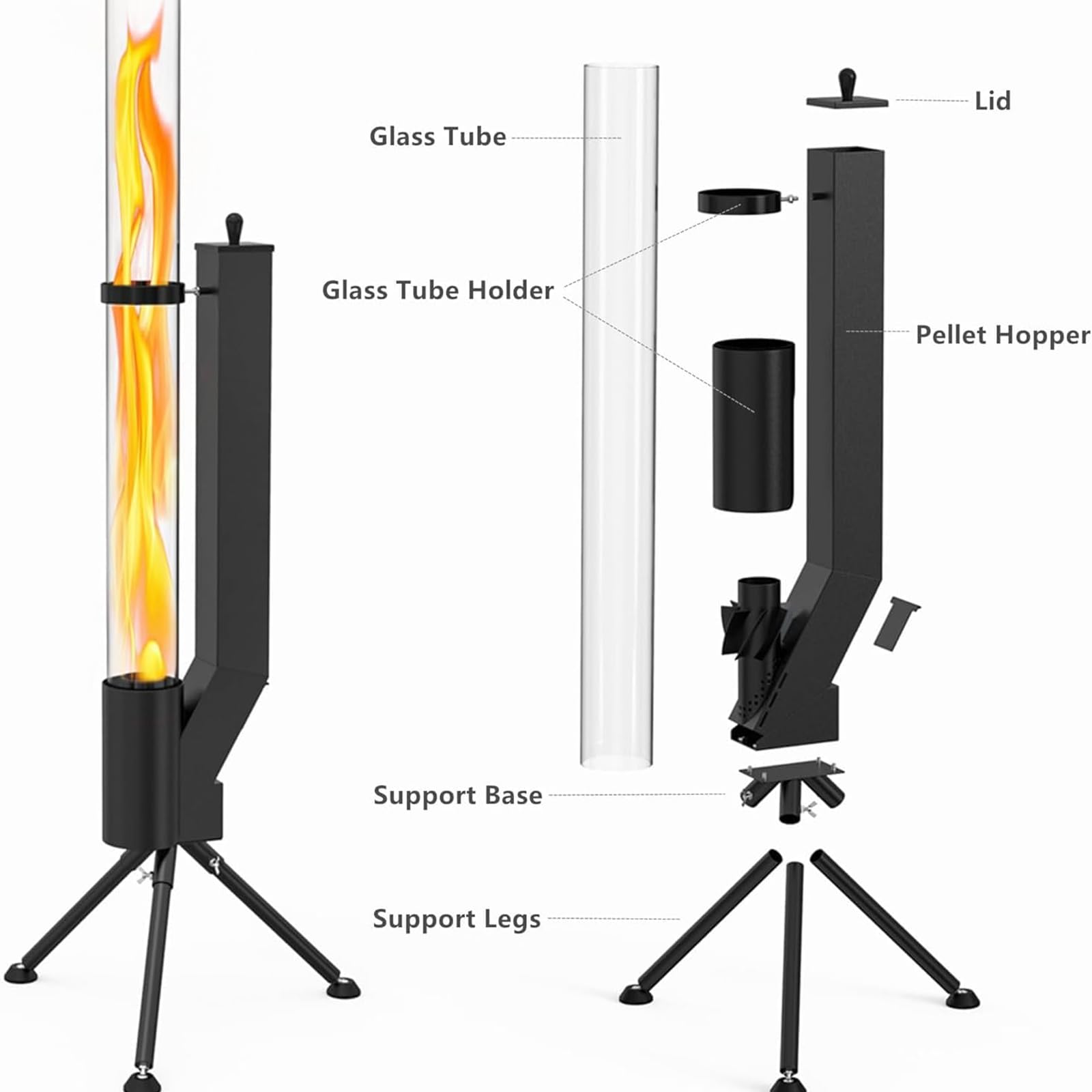 Kit Pellet Torch avec Tube en Verre Cheminée Extérieur pour Terrasse Ecoénergétique Brûleur Durable Fonctionne 2 Heures avec 28 kg de Granulés en Fer et Verre Borosilicaté