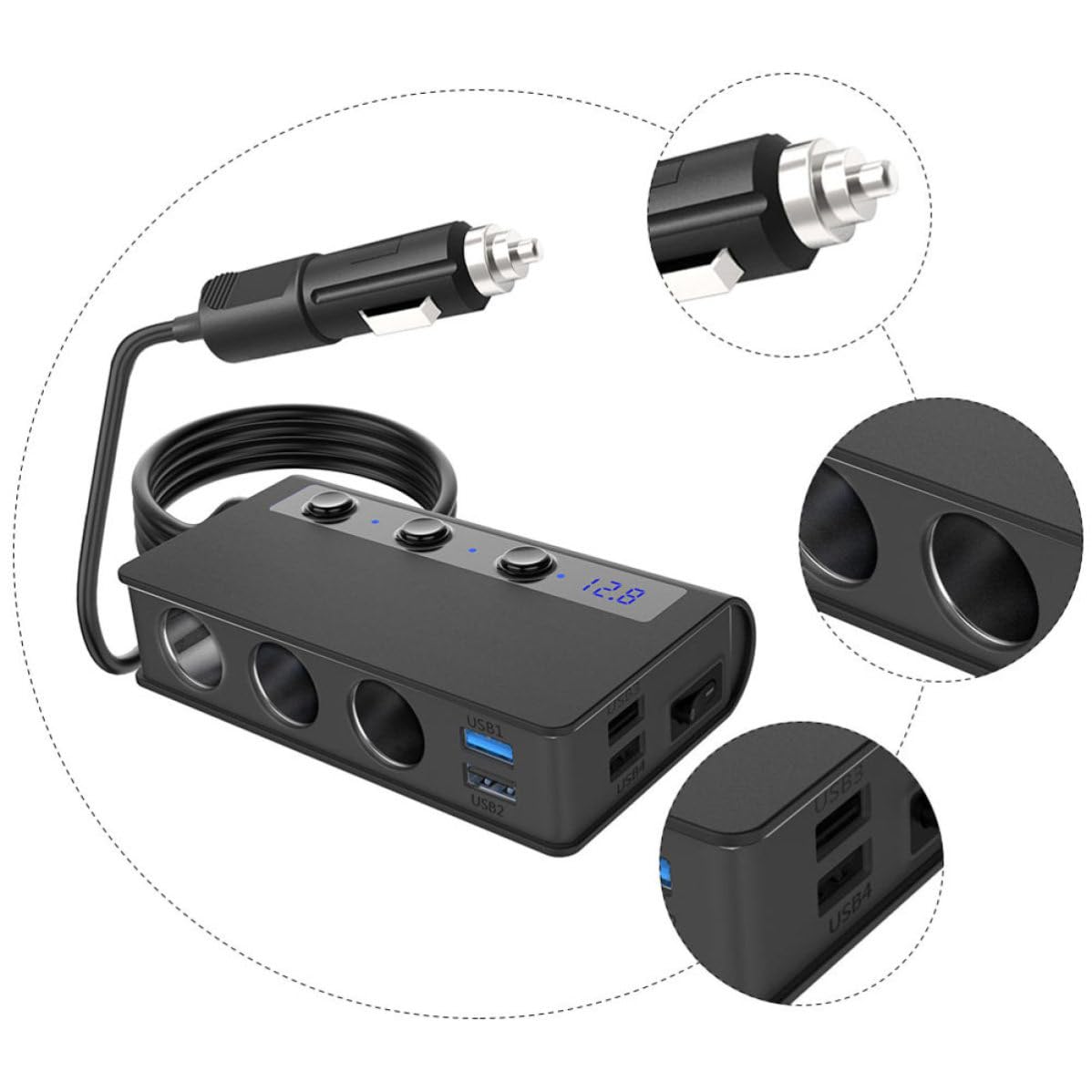 Cargador de Coche 180 W 4 USB y 3 Mechero, PC Negro
