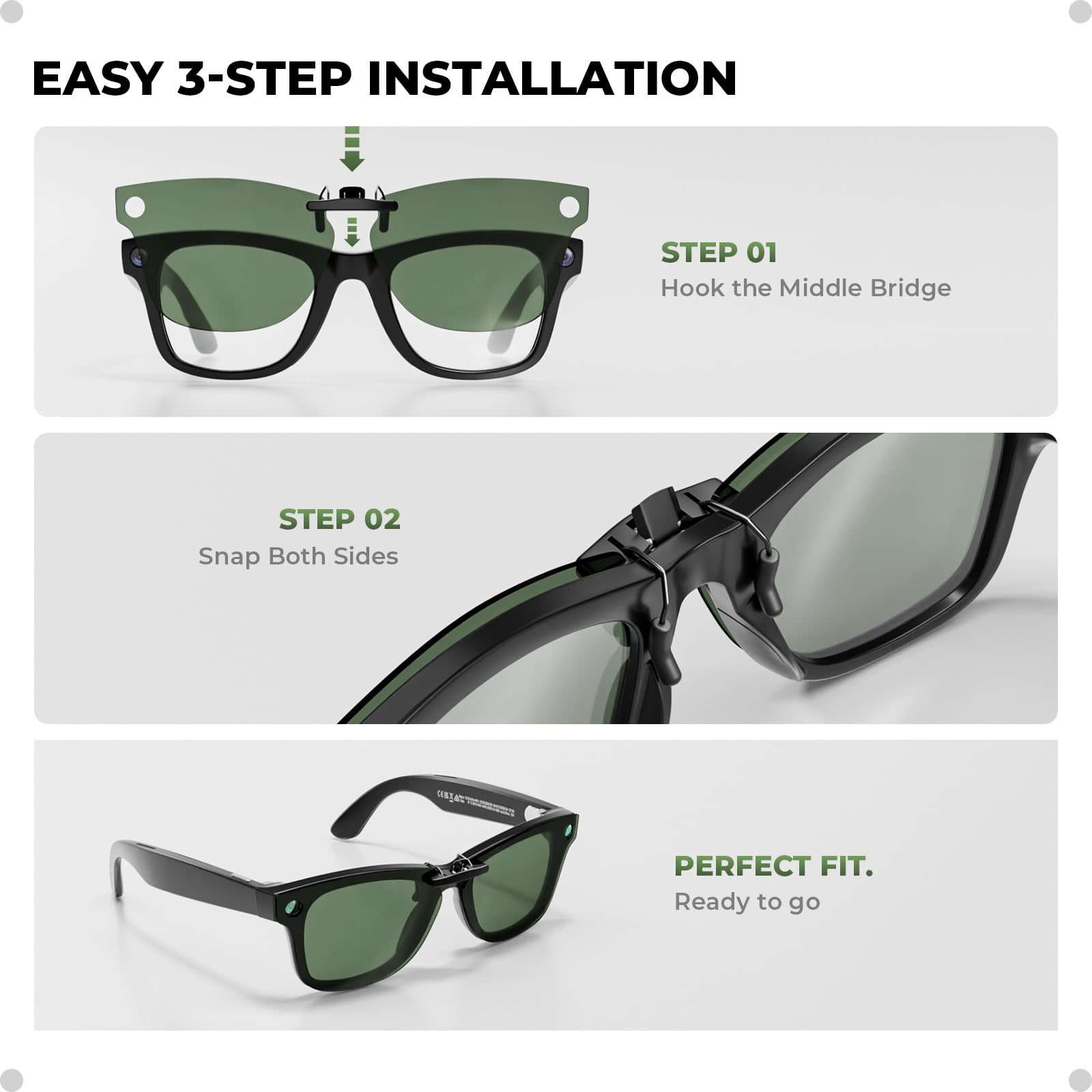 Confezione da 4 bicchieri polarized Clip-On per Ray-Ban Meta 2 Smart Glasses, Anti Glare UV Protection, No Impact on Sensors, 4 colori (Black/Green/Blue/Gradient Grade), L