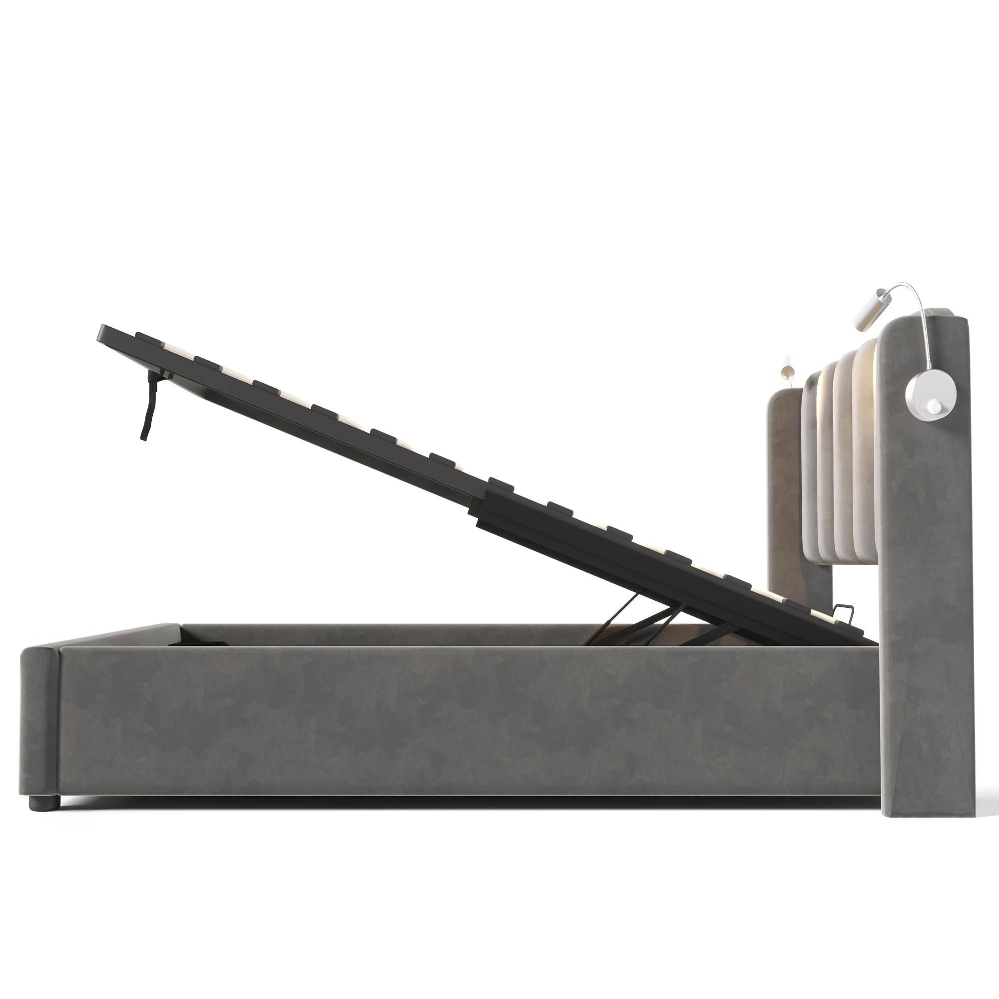 Merax Polsterbett 90x200cm, Hydraulisch Einzelbett mit Leselicht und USB Ladefunktion Kopfteil, Stauraumbetten Bettgestell mit Lattenrost, Samtstoff, Stilvoll Jugendbett, Ohne Matratze, Grau