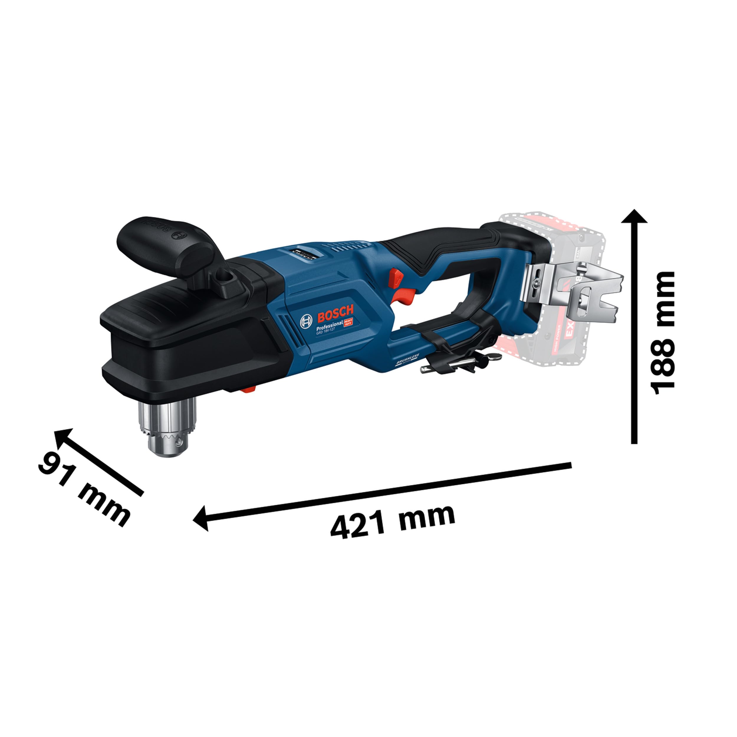 Bosch Professional 18V System Akku-Winkelbohrmaschine GRD 18V-127 (65 Nm weiches Drehmoment, bürstenloser Motor, 2 Geschwindigkeitsstufen: schnelle Roharbeiten 1.800 min⁻¹, langsame Stufe 550 min⁻¹)