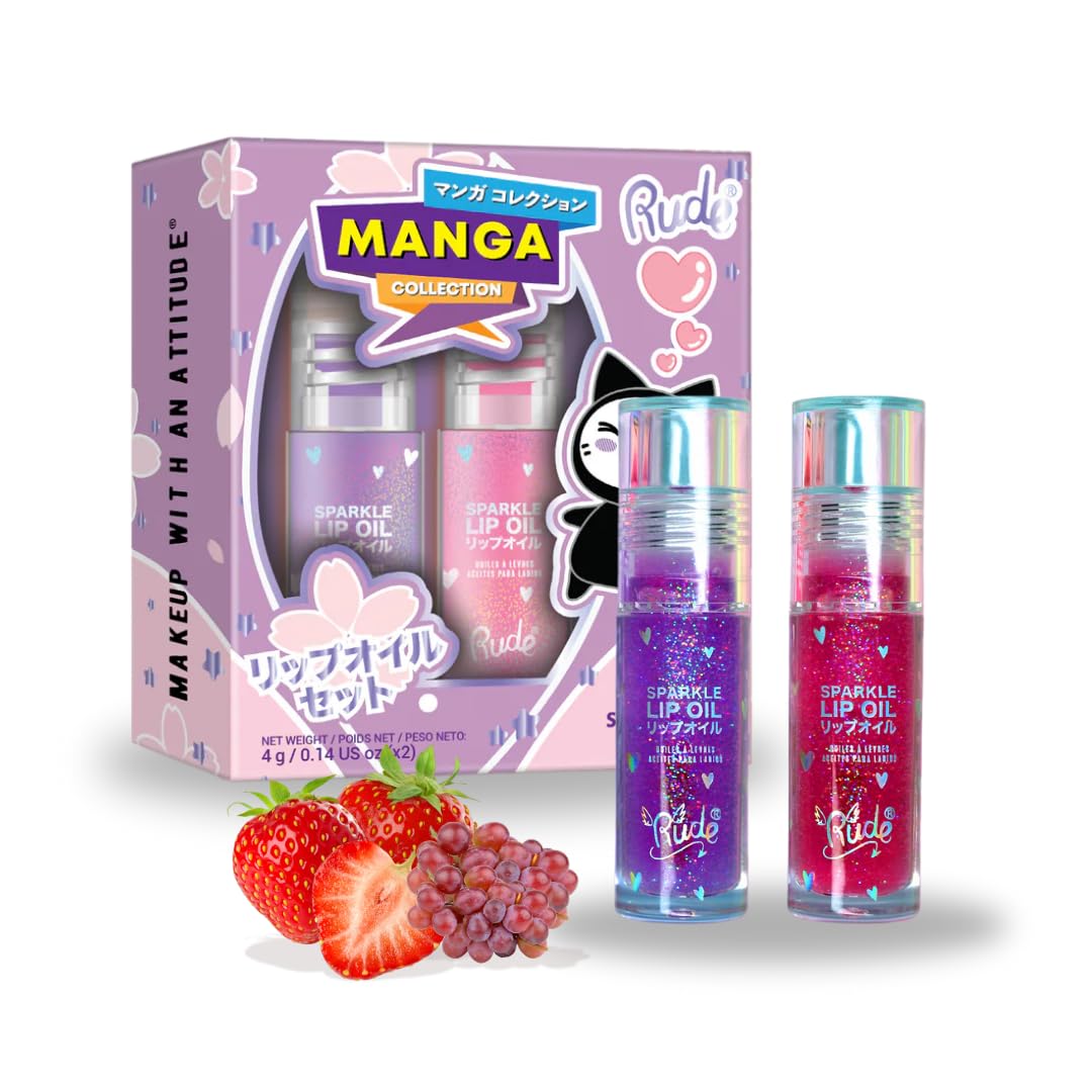 RUDE Cosmetics Lip Oil for Women, Hydrating Lip Gloss Oil Set, Lightweight & Nourishing, Moisturizing Care with a Glossy Finish, Ideal for On-the-Go Care, Manga Collection/Strawberry & Grape Pink & Purple