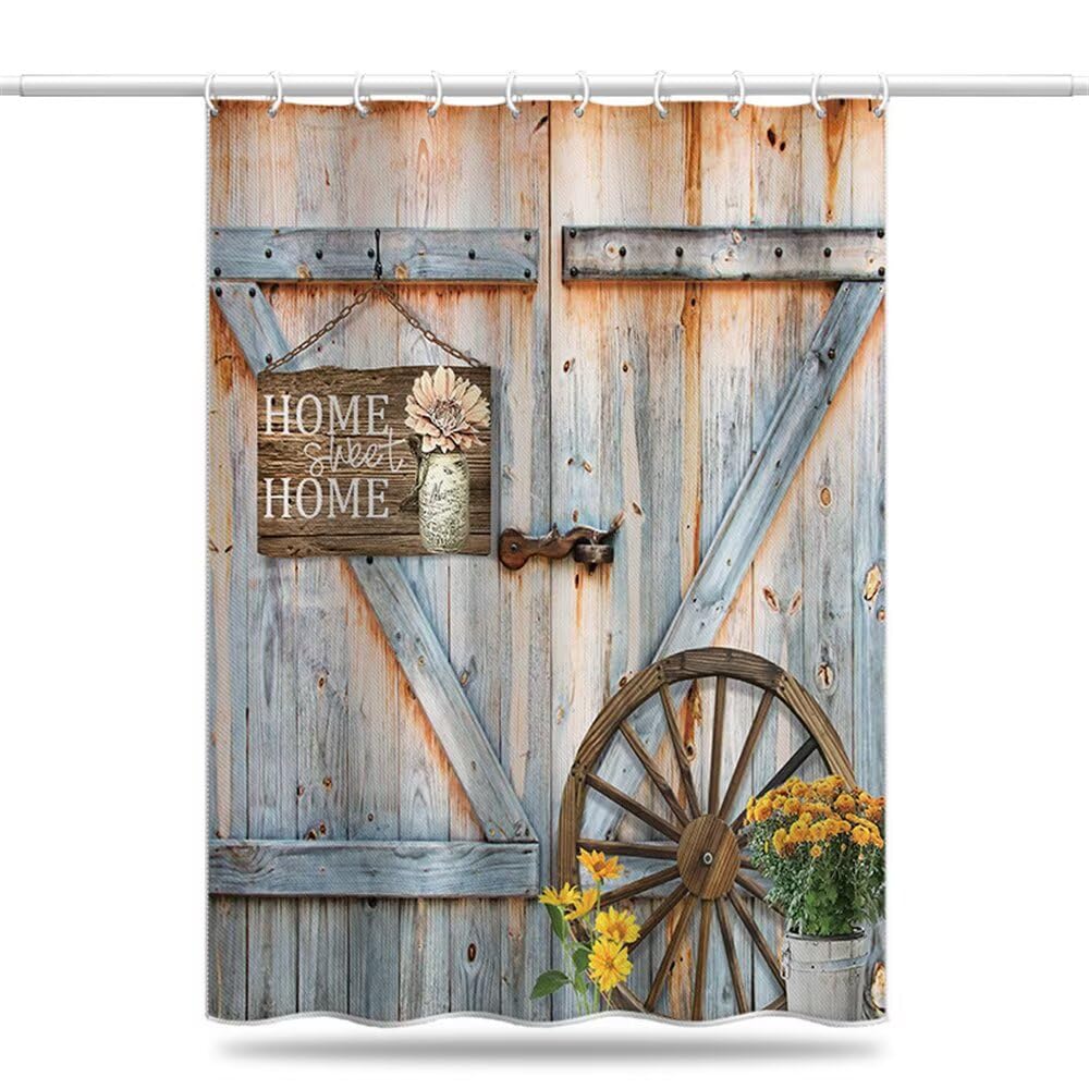 Shower Curtain Retro Mould & Mildew Resistant Wooden Door Shower Curtains for Bathroom 180cm x 180cm Drop, Washable Waterproof Polyester Bath Curtain with Hooks and Weighted Hem 71 x 71 Inch (LB1885)